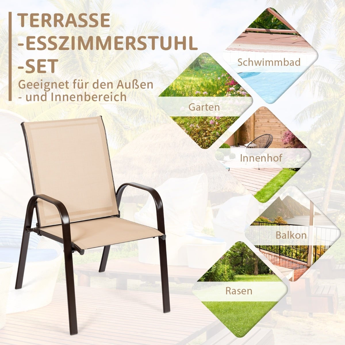 Outdoor Garden Chairs Set of 2, Beige, Metal Frame