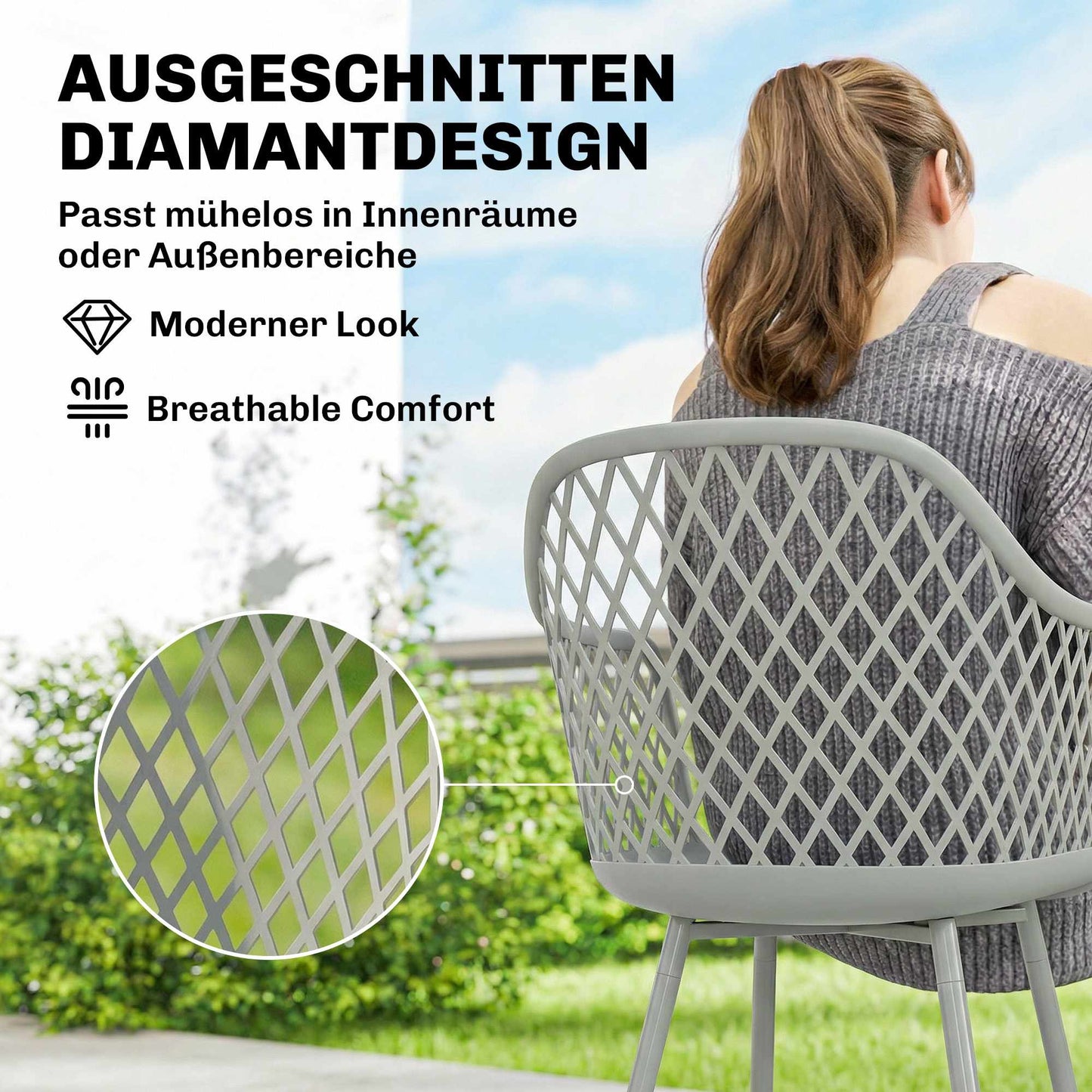 Outdoor Garden Chairs Set of 4, UV-Resistant Plastic, Grey