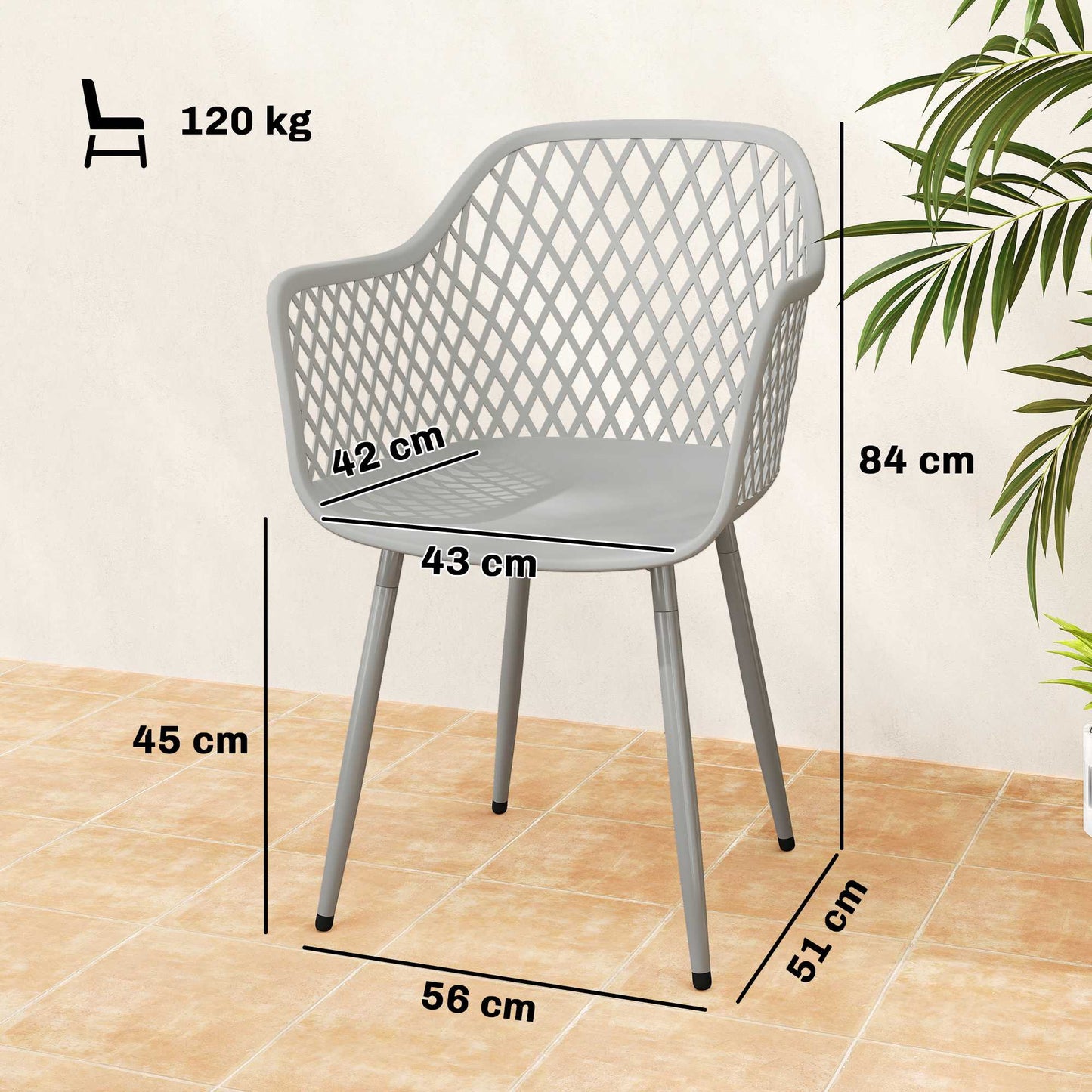 Outdoor Garden Chairs Set of 4, UV-Resistant Plastic, Grey