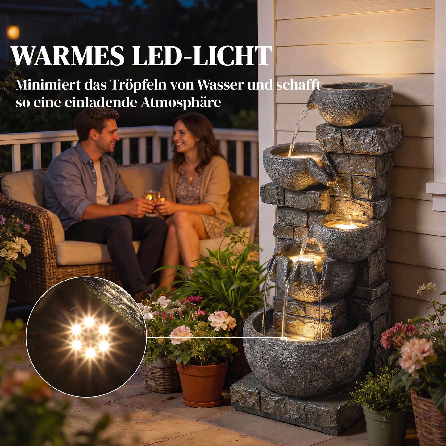 Outdoor Garden Fountain with 5-Tier Waterfall and LEDs