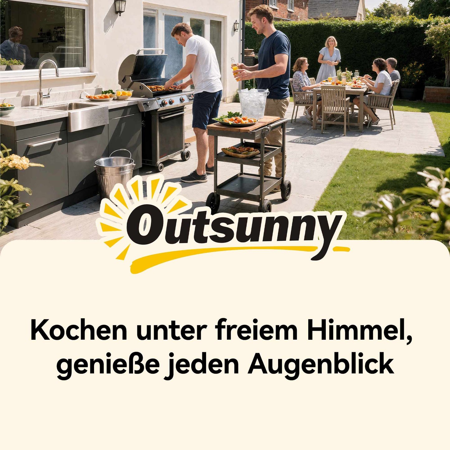 Outdoor Grill Cart, 3-Tier Stainless Steel, Mobile 50x50x90 cm