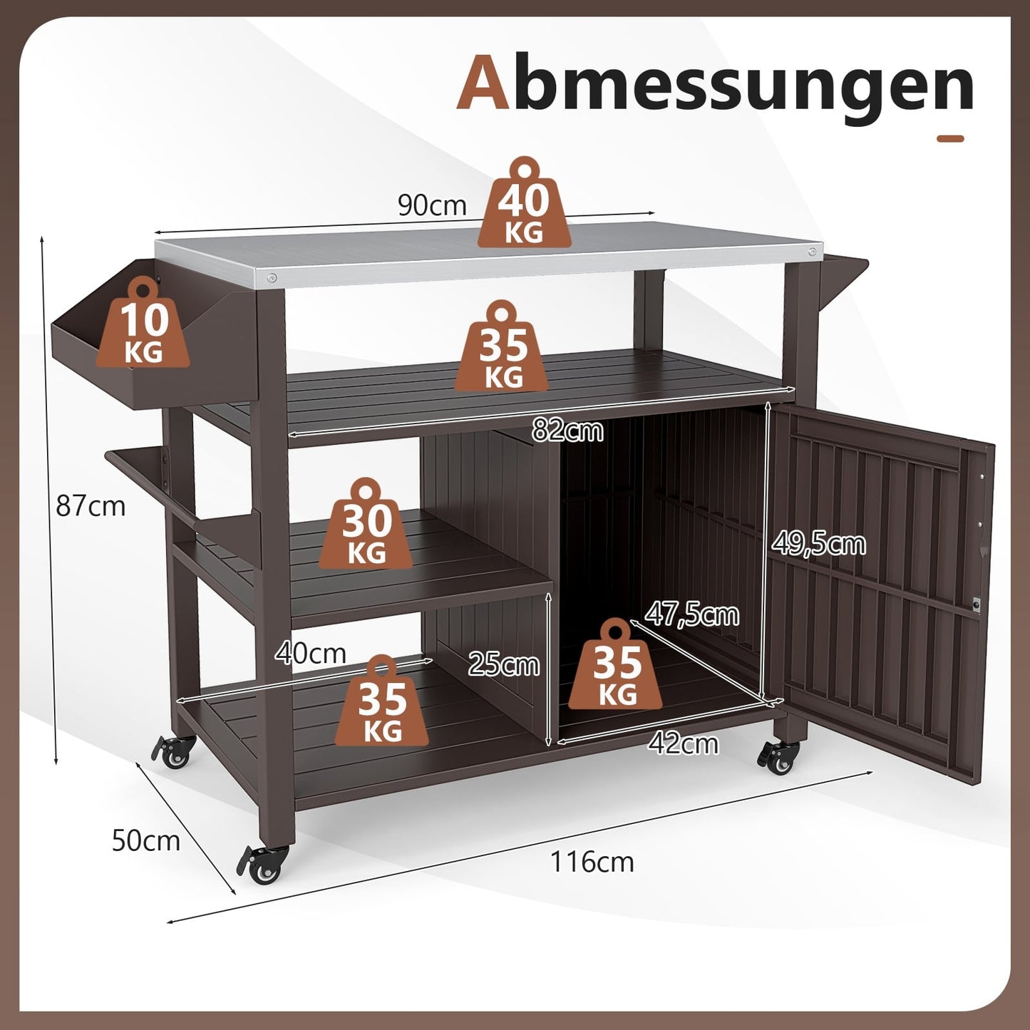 Outdoor Grill Cart with Stainless Steel Top, Shelves, Cabinet