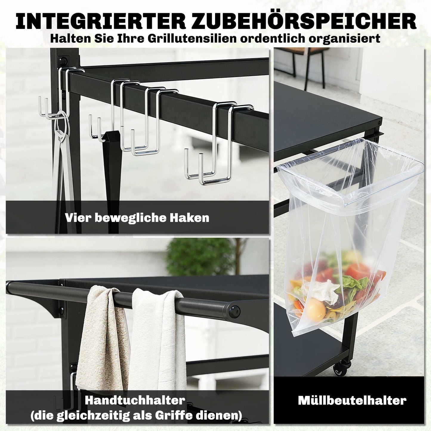 Outdoor Grill Cart with Wheels, 2-Tier, Black, 113x50.5x88 cm