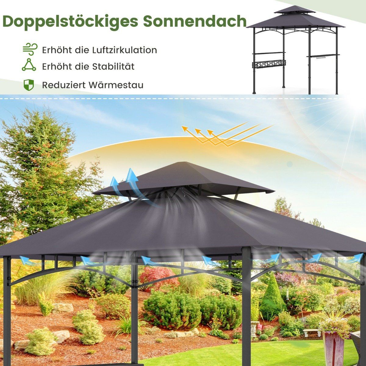 Outdoor Grill Gazebo with Double Roof & Side Shelves