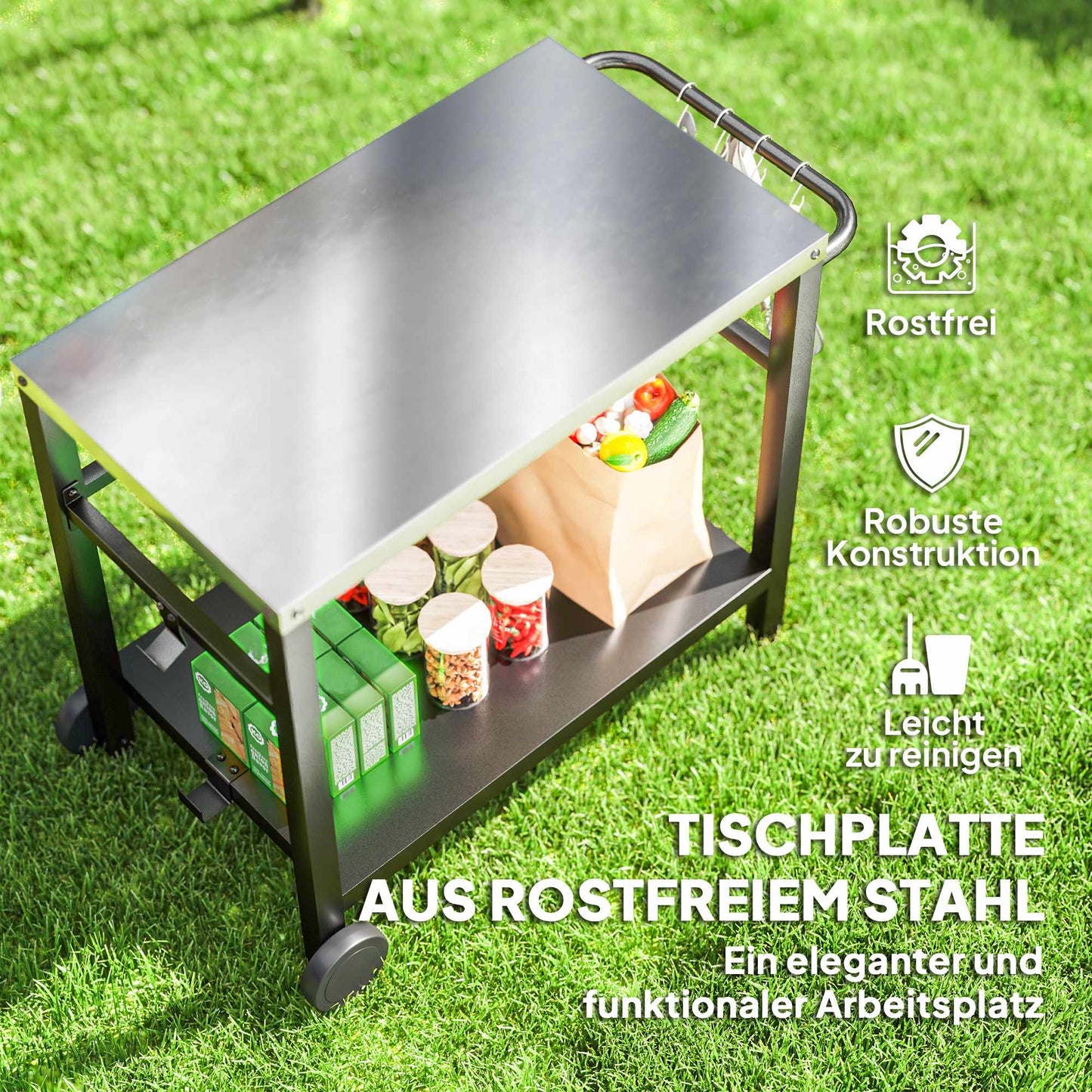 Outdoor Grill Table with Stainless Steel Top and Wheels
