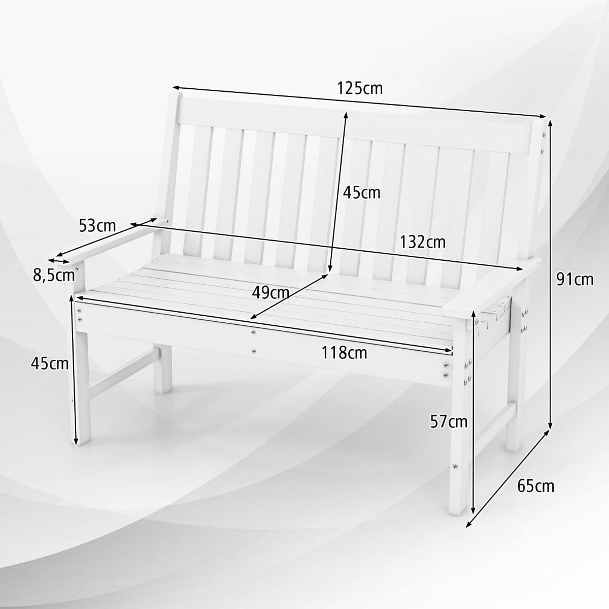 Outdoor HDPE Garden Bench, Weatherproof, Seats 2-3, White
