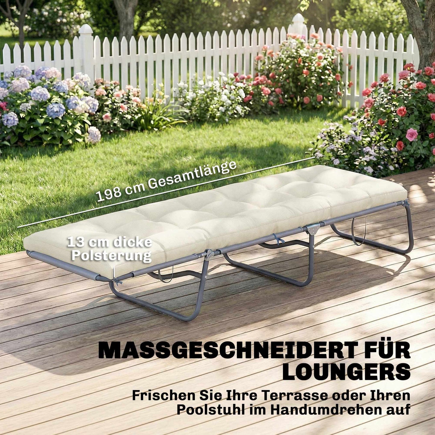 Outdoor Lounger Cushion, 198x65x13cm, Beige, UV50+ Water-Resistant