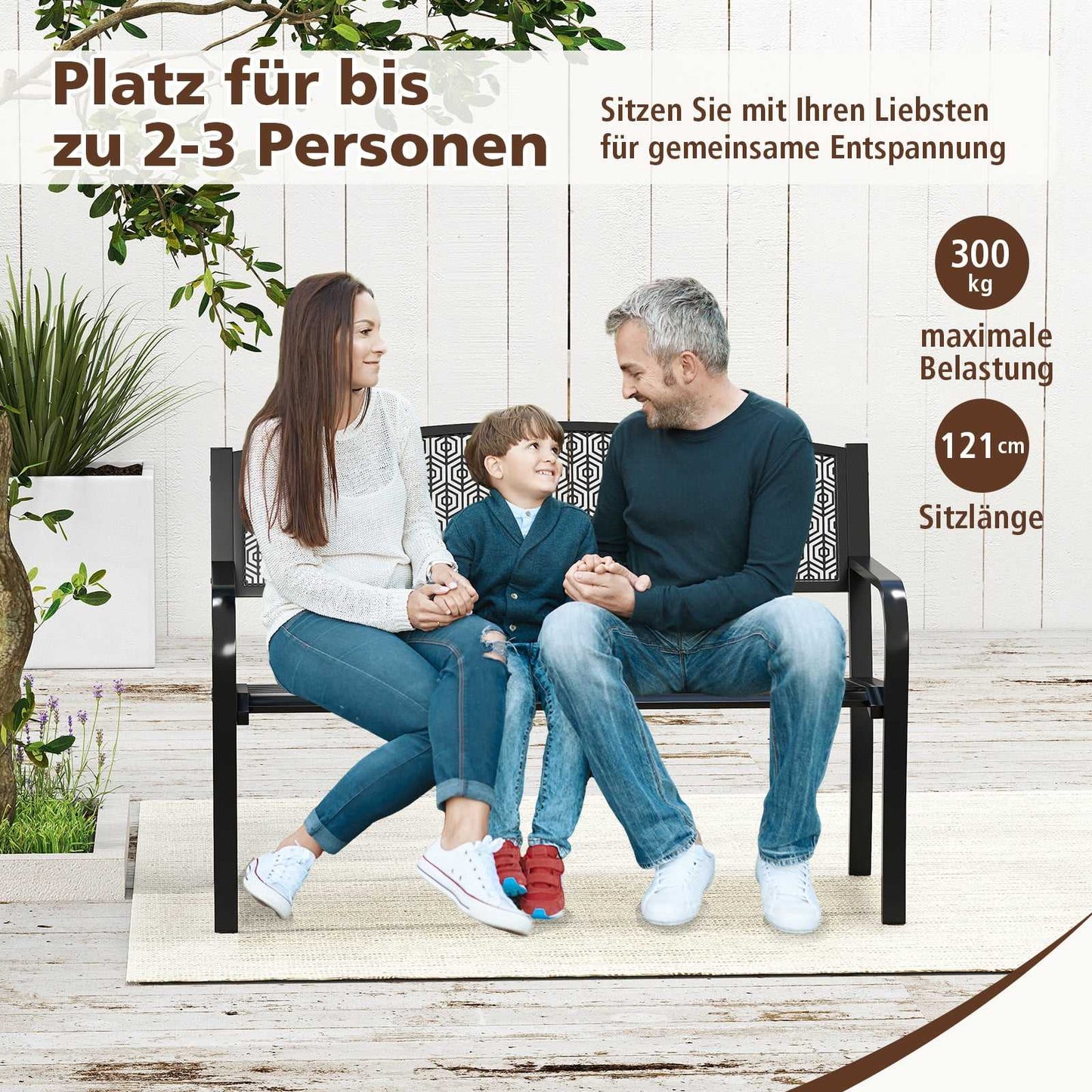 Outdoor Metal Bench, Weatherproof, 2-3 Seats, Black