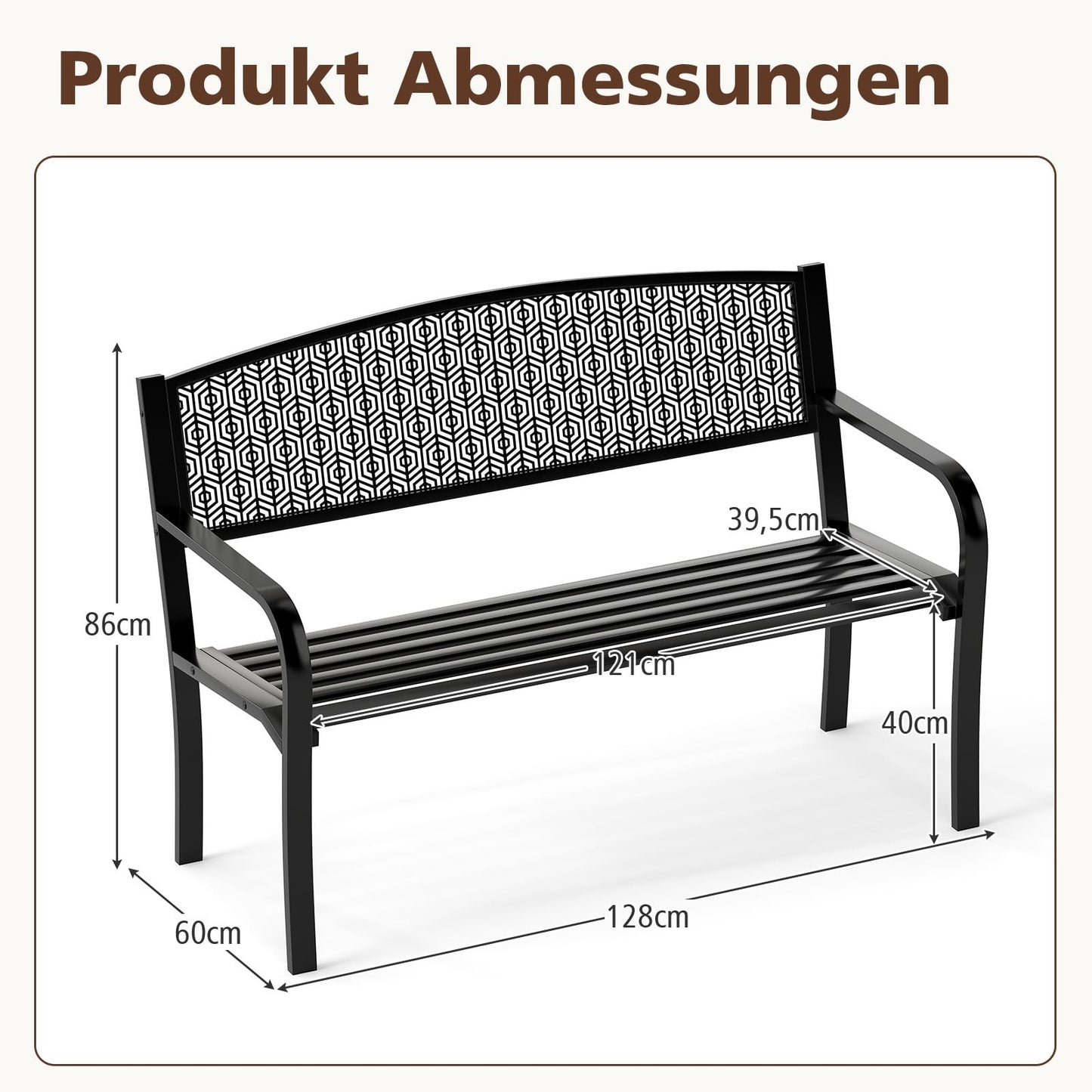 Outdoor Metal Bench, Weatherproof, 2-3 Seats, Black