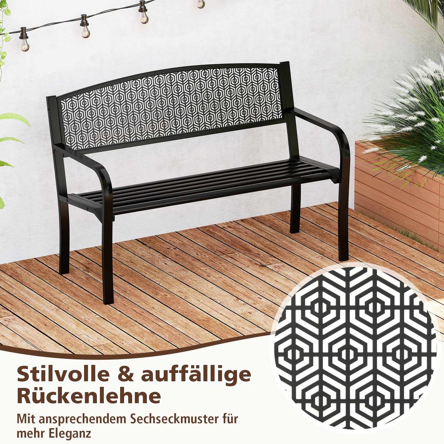 Outdoor Metal Bench, Weatherproof, 2-3 Seats, Black