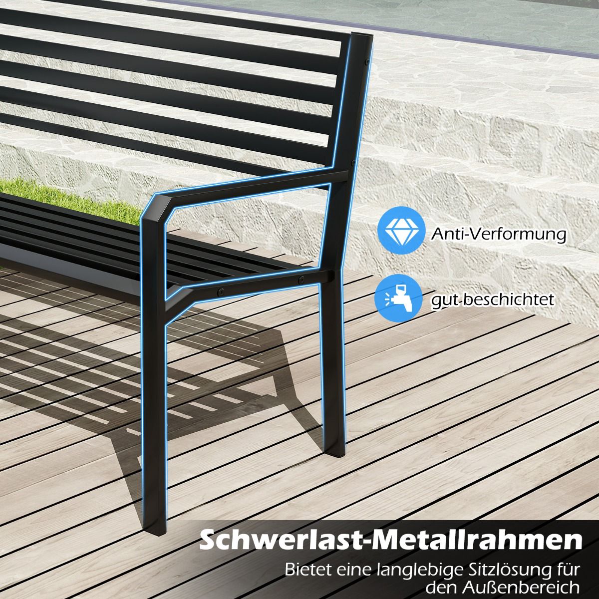 Outdoor Metal Bench for 2, Black, 127 x 56 x 82 cm
