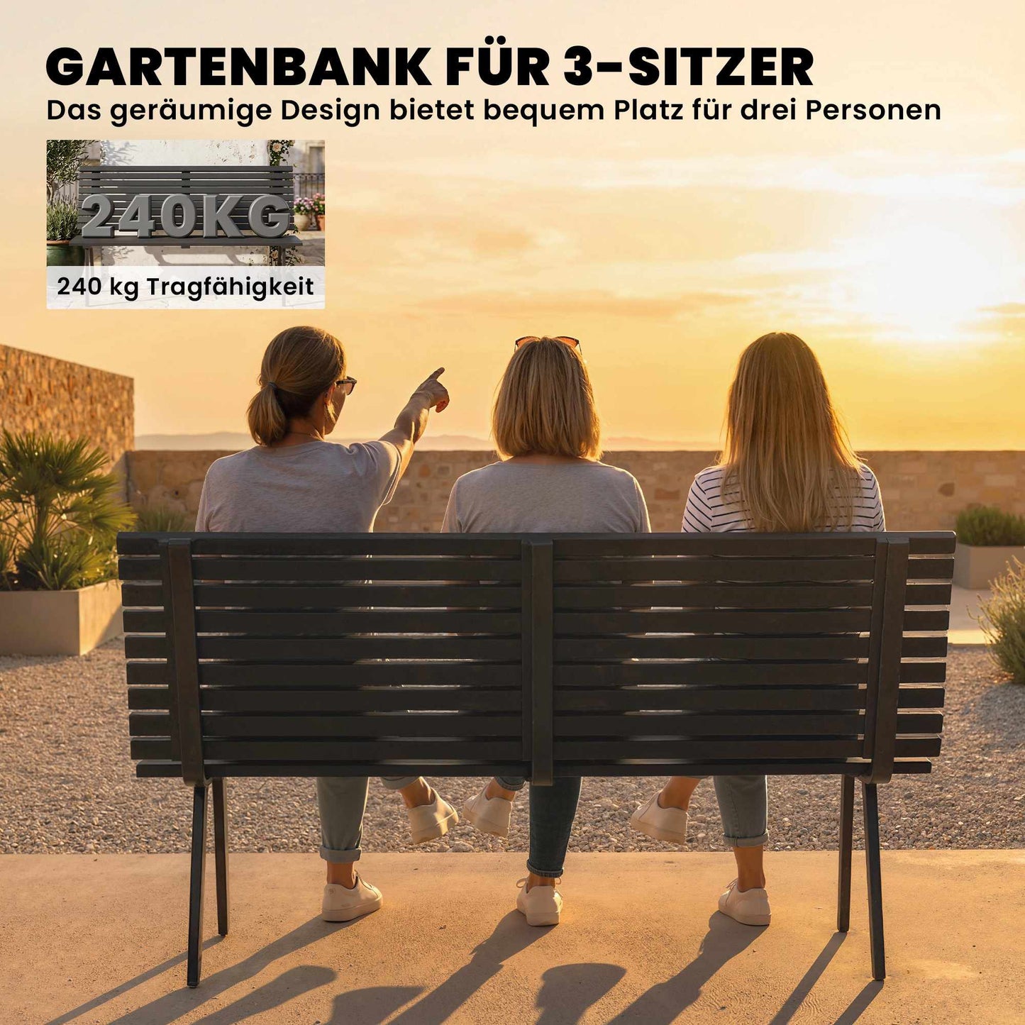 Outdoor Metal Garden Bench, Black, 154 cm, Seats 3