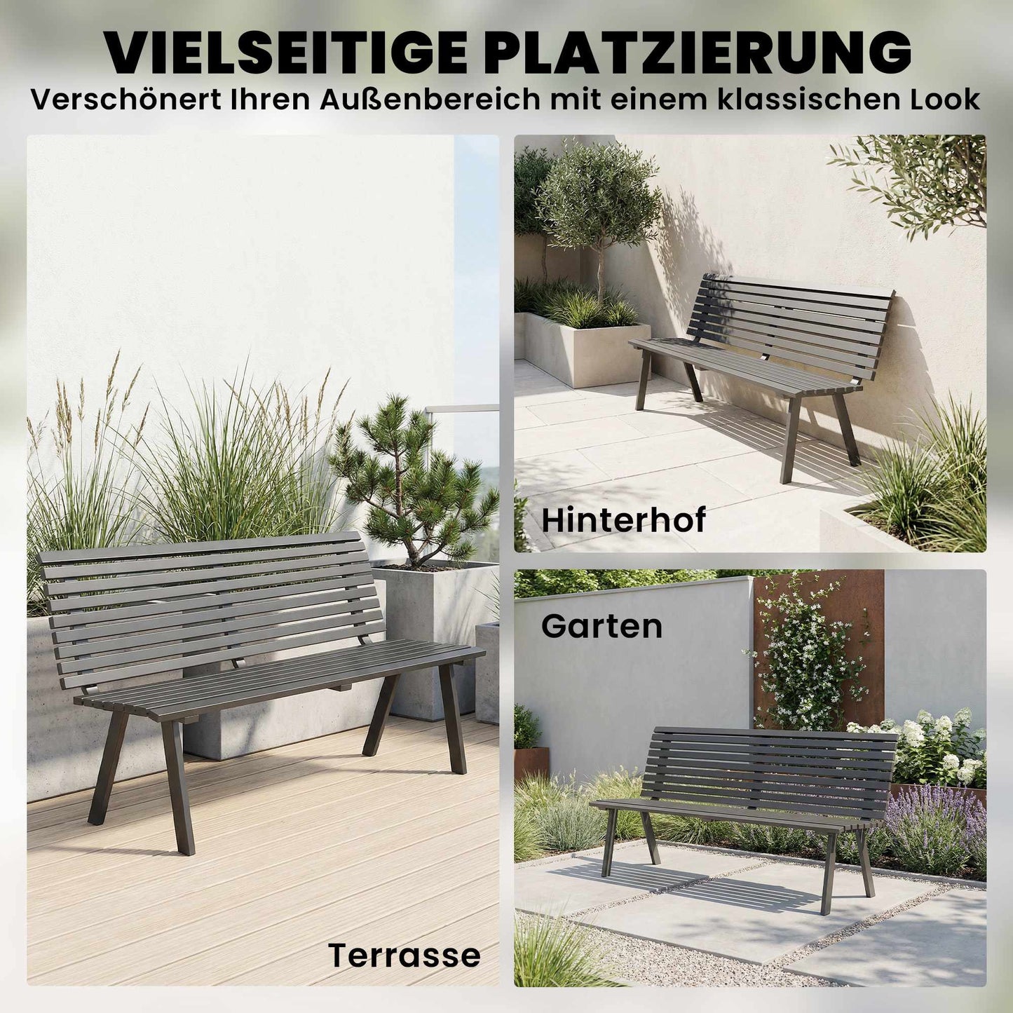 Outdoor Metal Garden Bench, Black, 154 cm, Seats 3
