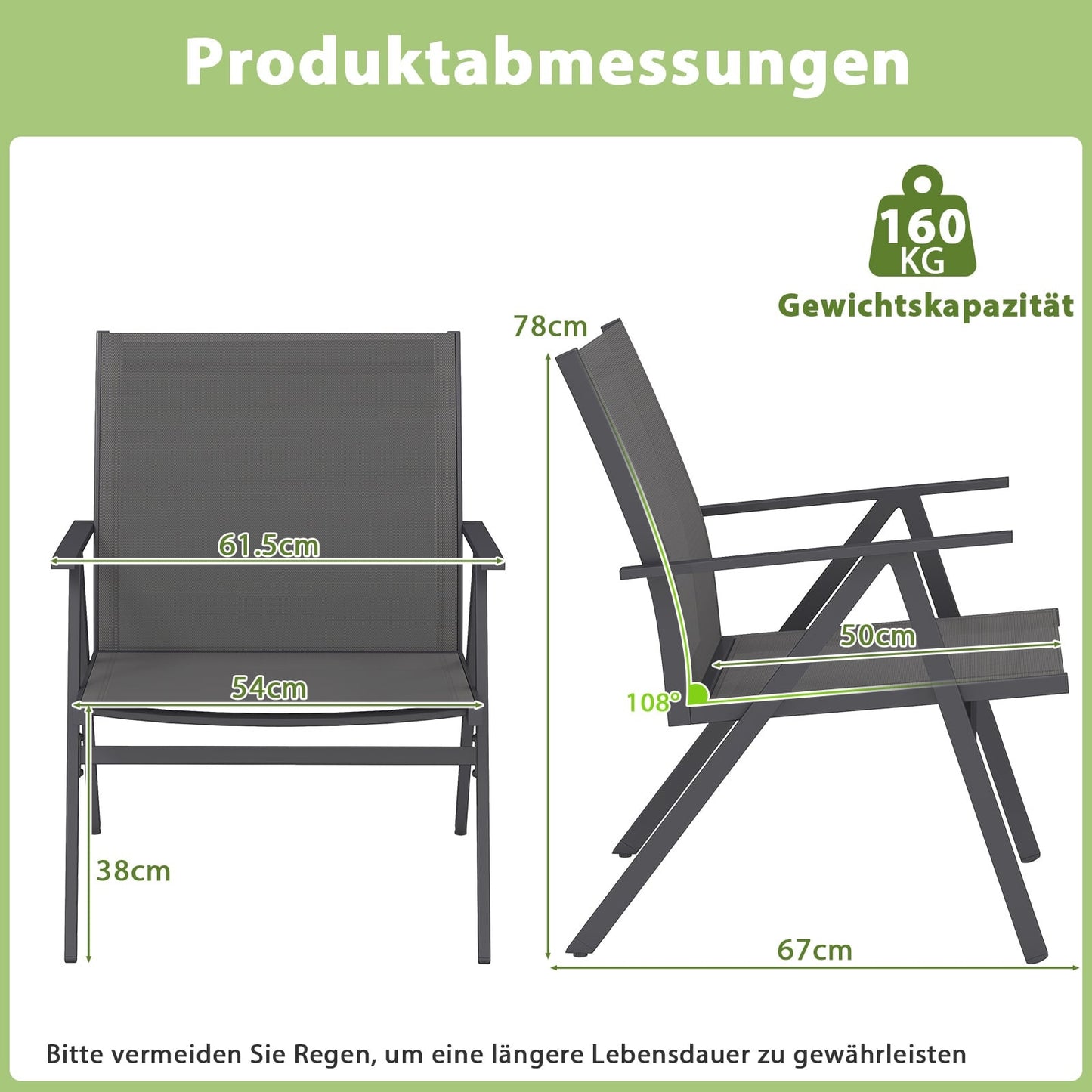 Outdoor Metal Garden Chairs, Breathable Fabric, Set of 2
