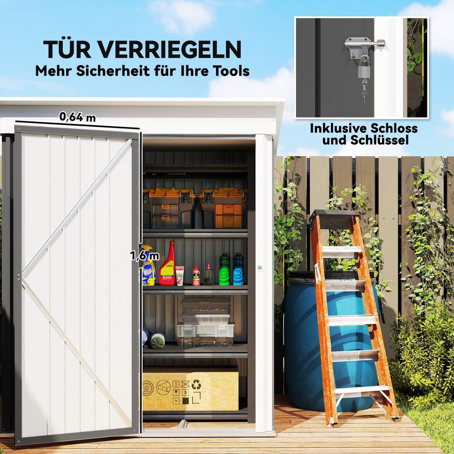 Outdoor Metal Garden Shed, Adjustable Shelves, Lockable Door