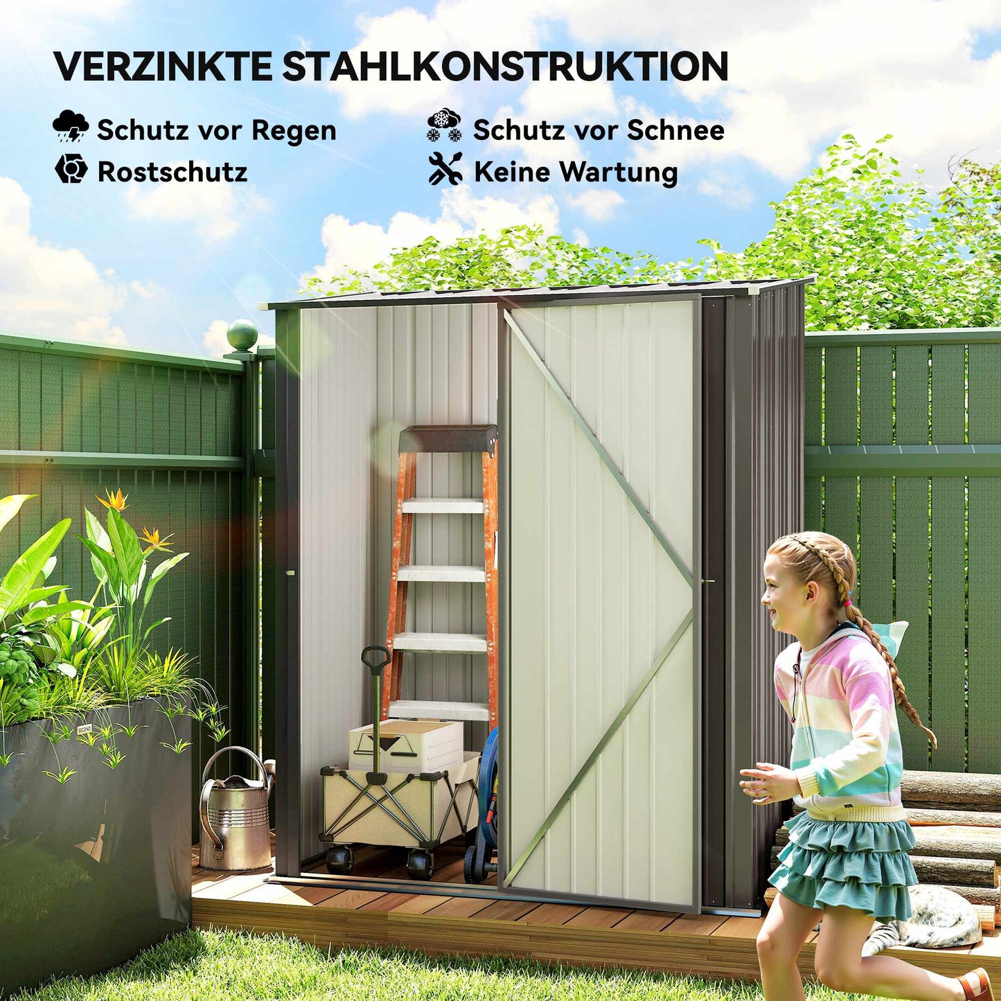 Outdoor Metal Storage Shed, Lockable Door, 161.5 x 94.5 x 196 cm