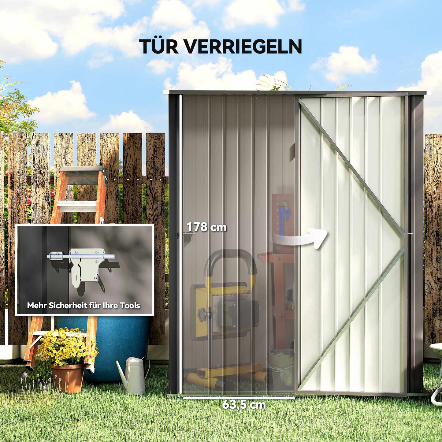 Outdoor Metal Storage Shed, Lockable Door, 161.5 x 94.5 x 196 cm