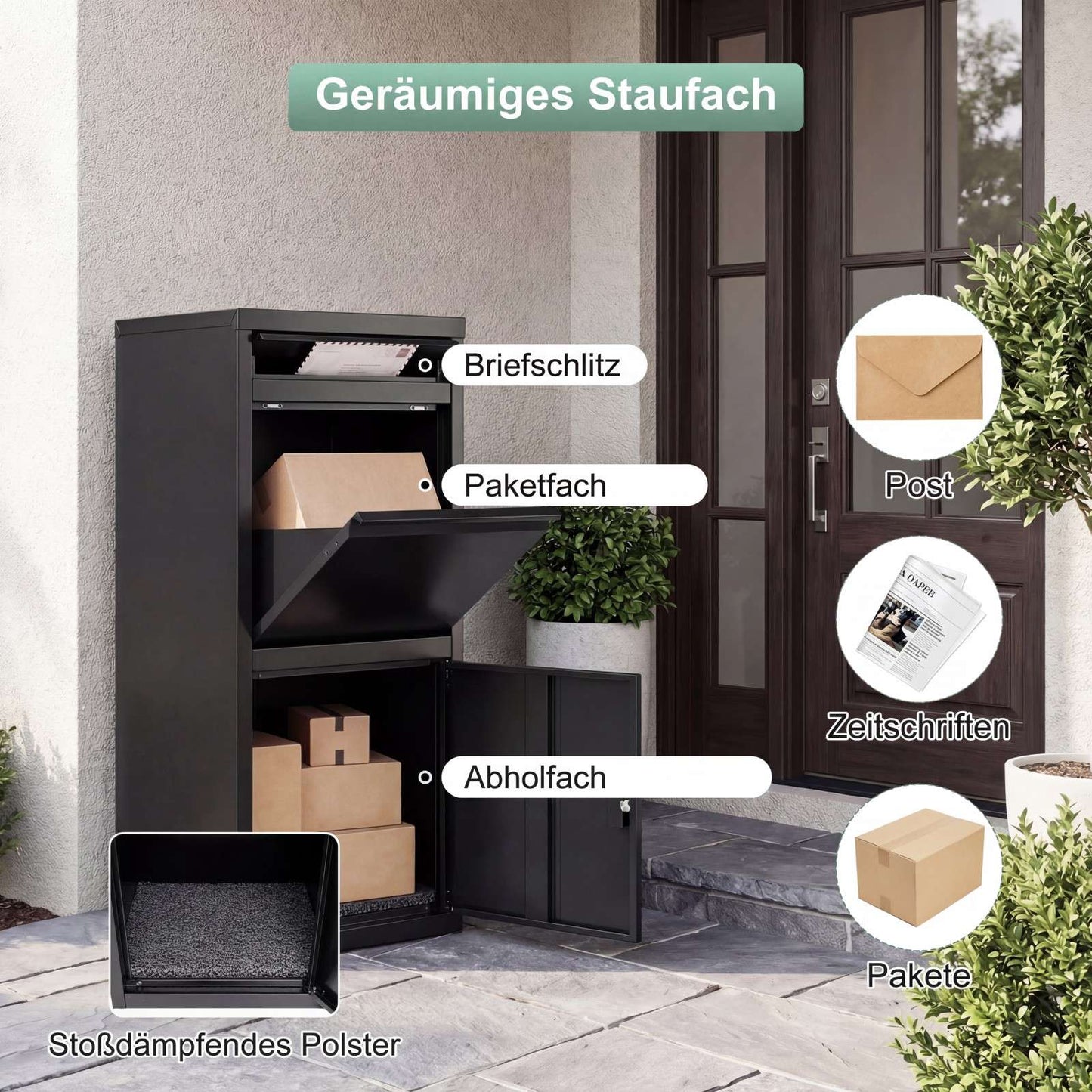 Outdoor Parcel Box with Mail Slot, Theft-Proof, Black Steel