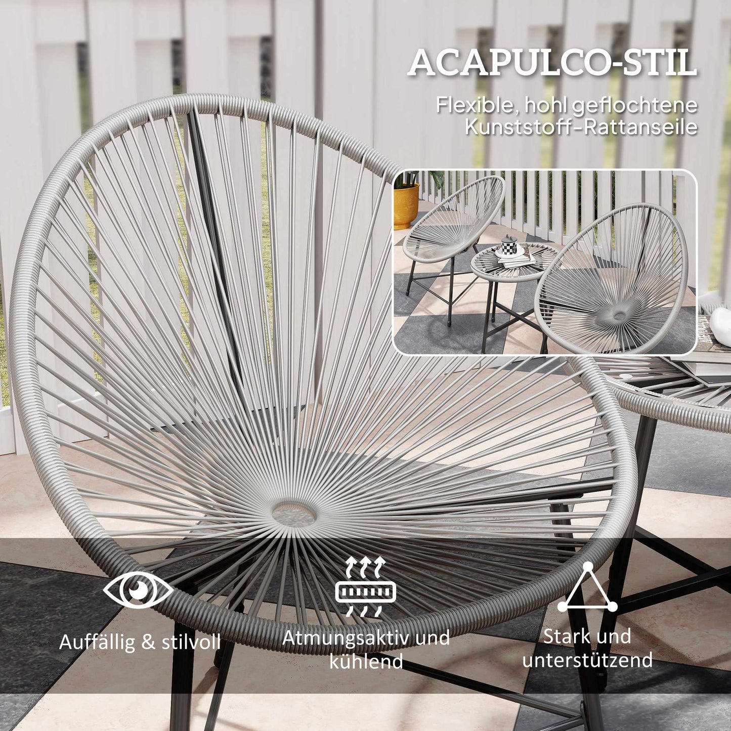Outdoor Patio Set – 2 Rattan Chairs, Glass Table, Steel Frame