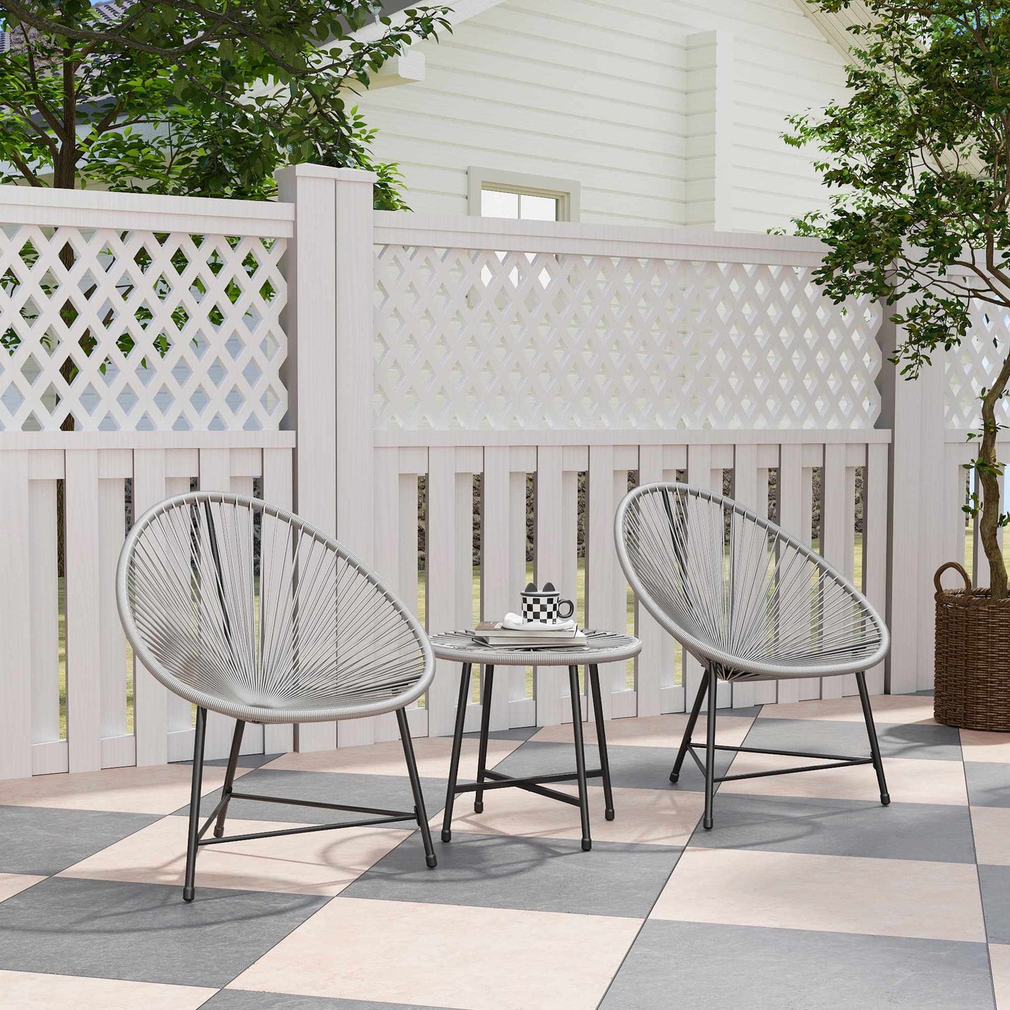 Outdoor Patio Set – 2 Rattan Chairs, Glass Table, Steel Frame