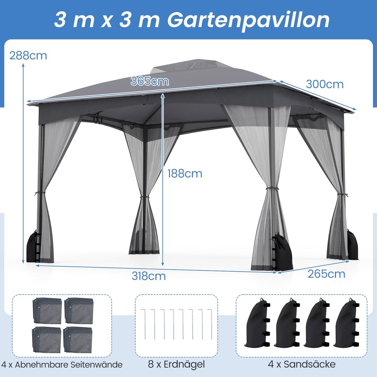 Outdoor Pavilion 3.6 x 3 m, Mosquito Net, Waterproof, Gray