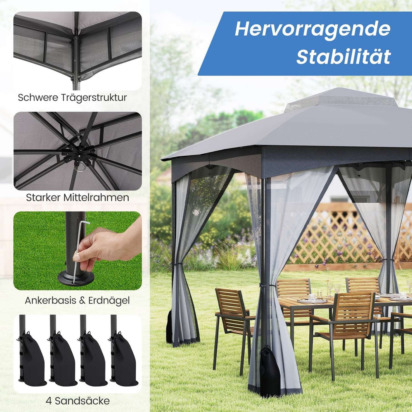 Outdoor Pavilion 3.6 x 3 m, Mosquito Net, Waterproof, Gray