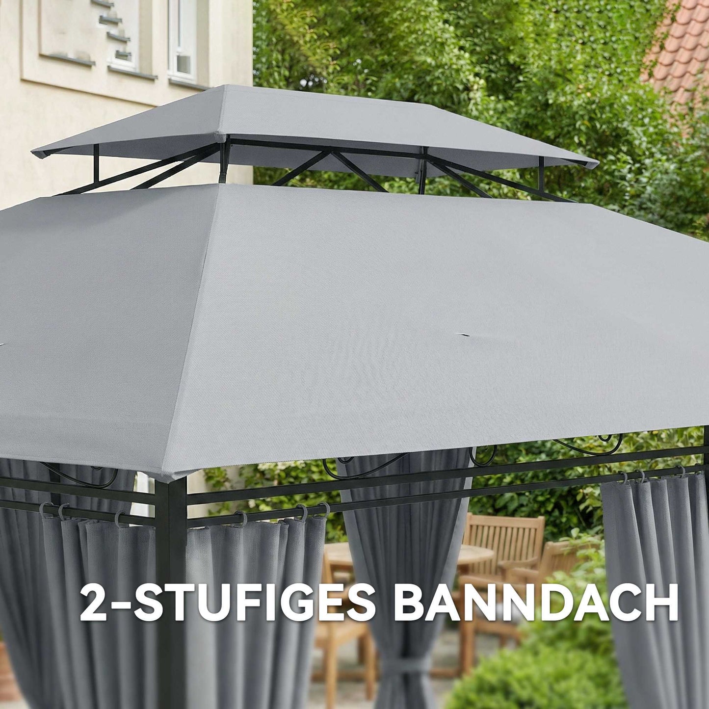 Outdoor Pavilion with Curtains, Ventilated Roof, Dark Grey
