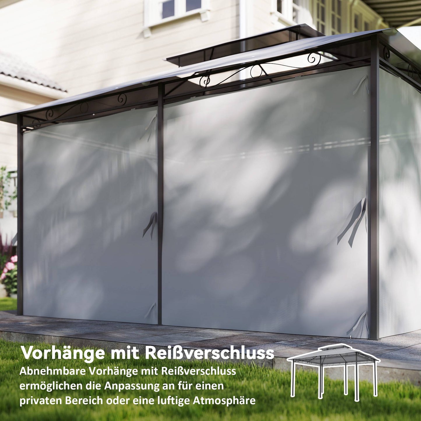 Outdoor Pavilion with Curtains, Ventilated Roof, Dark Grey