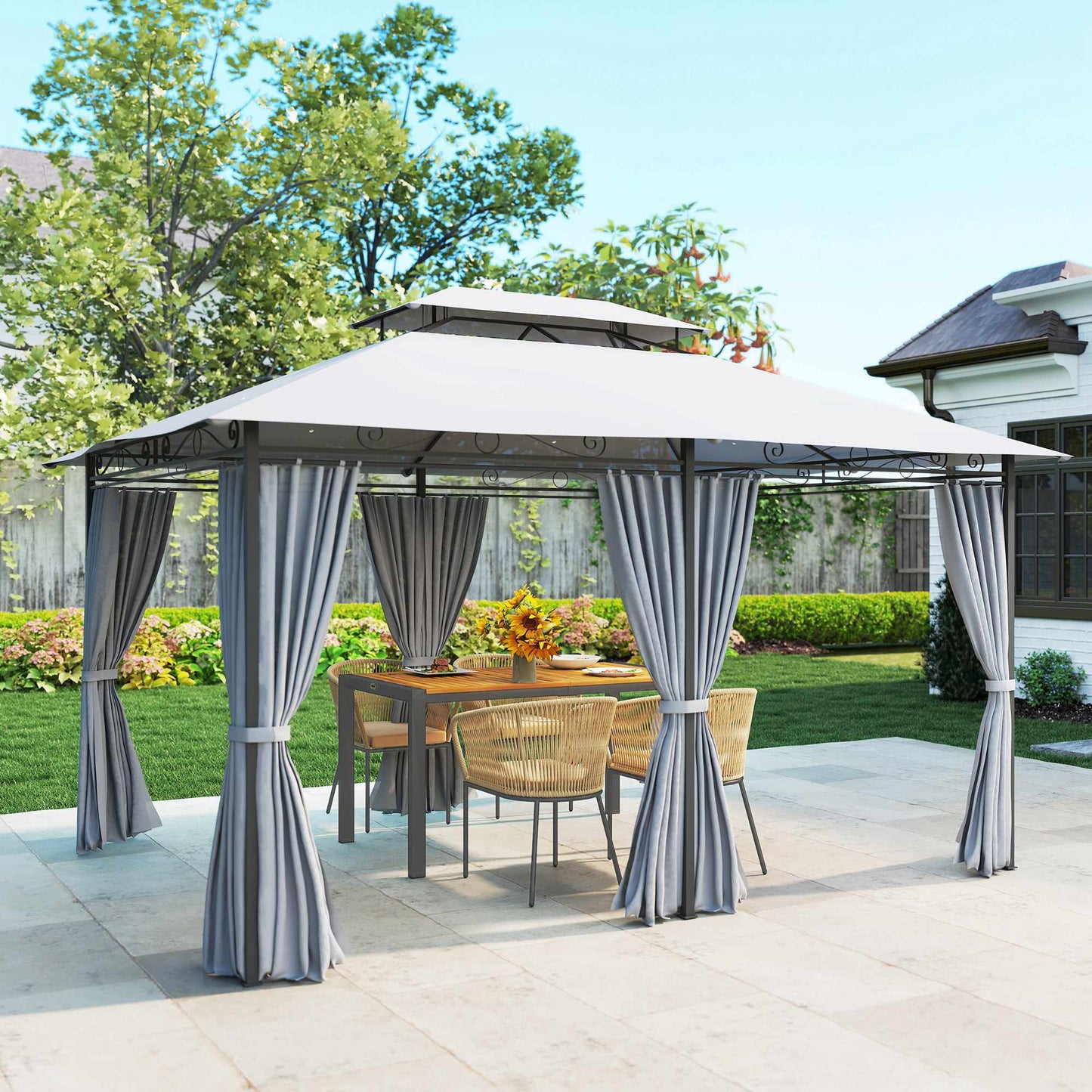 Outdoor Pavilion with Curtains, Ventilated Roof, Dark Grey