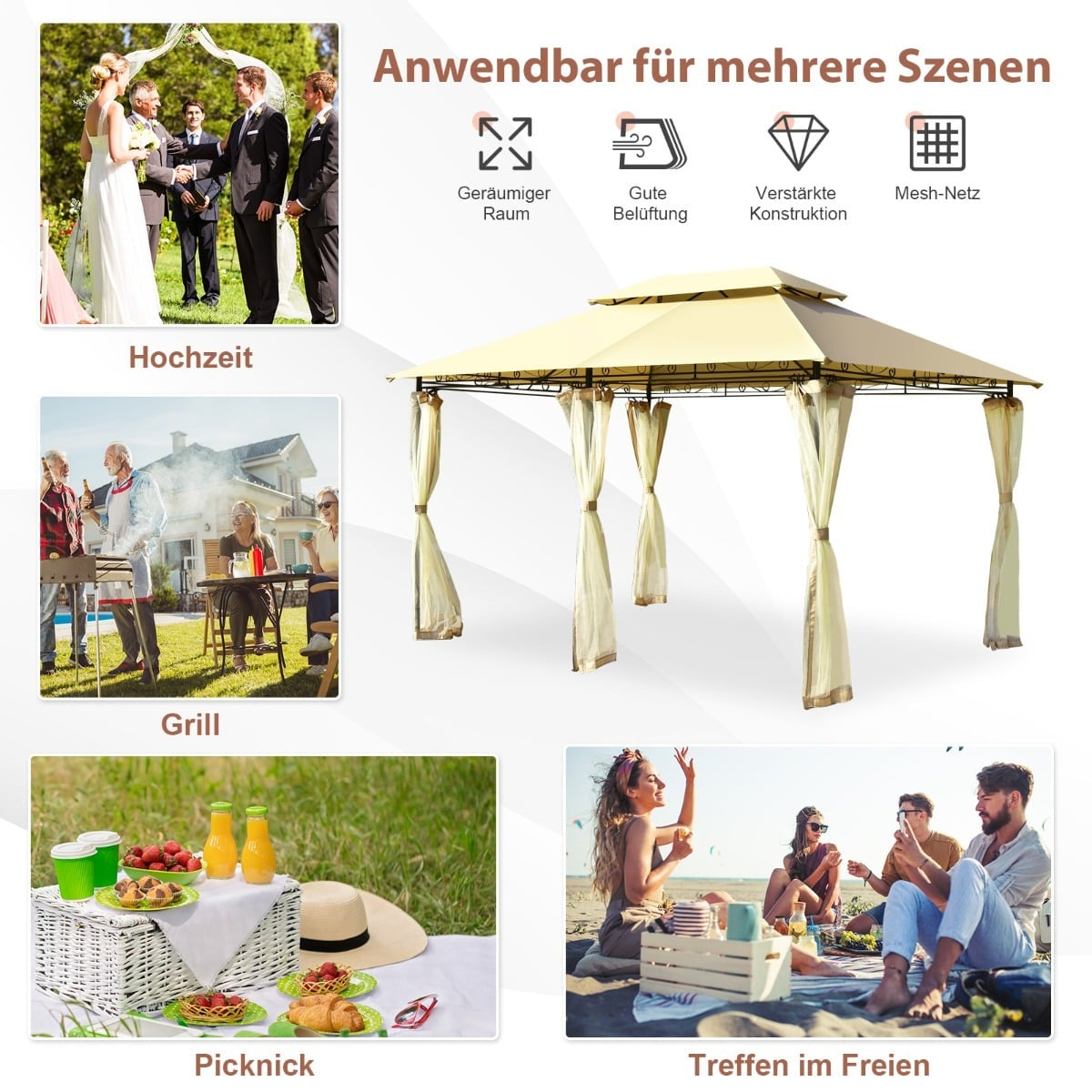 Outdoor Pavilion with Removable Net Walls, 3.9 x 2.9 m, Beige