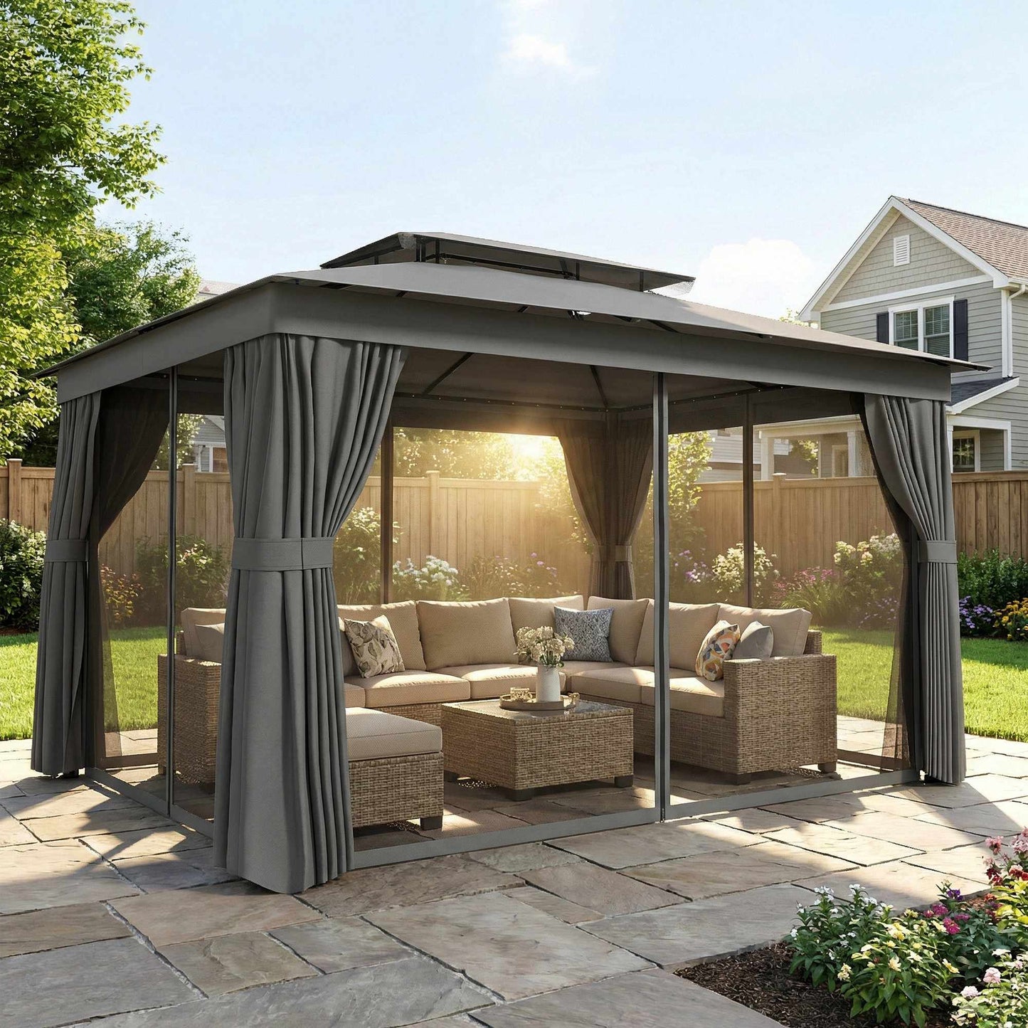 Outdoor Pavilion with UPF30+ Roof and Curtains