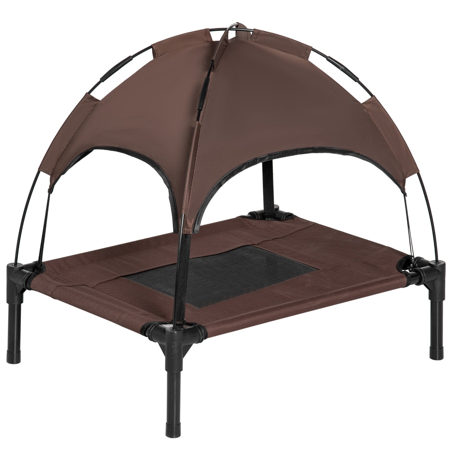 Elevated outdoor dog bed with canopy, breathable fabric, coffee