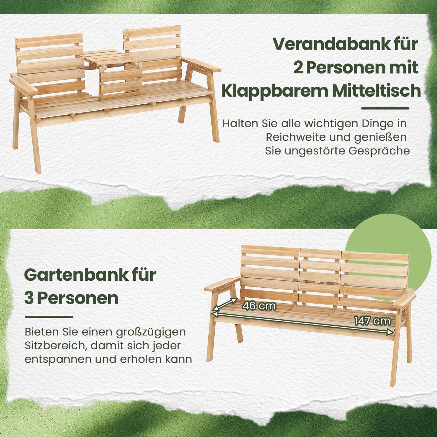 Outdoor Pine Wood Bench with Foldable Middle Table