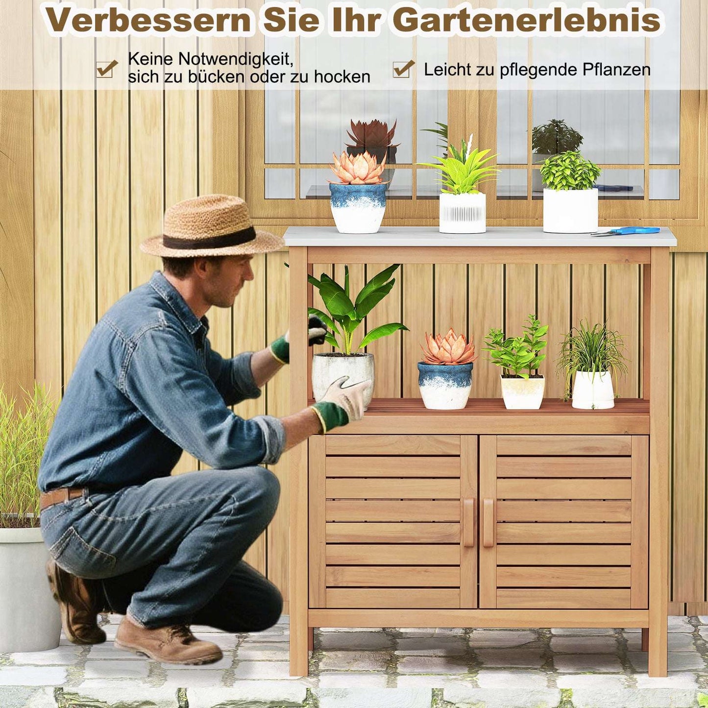 Outdoor Potting Bench with Resin Top & Storage Shelves