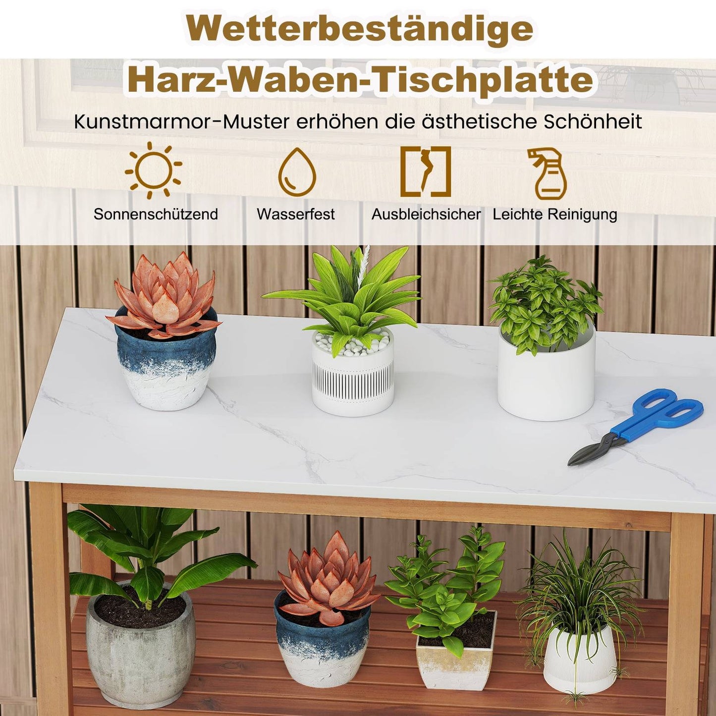 Outdoor Potting Bench with Resin Top & Storage Shelves