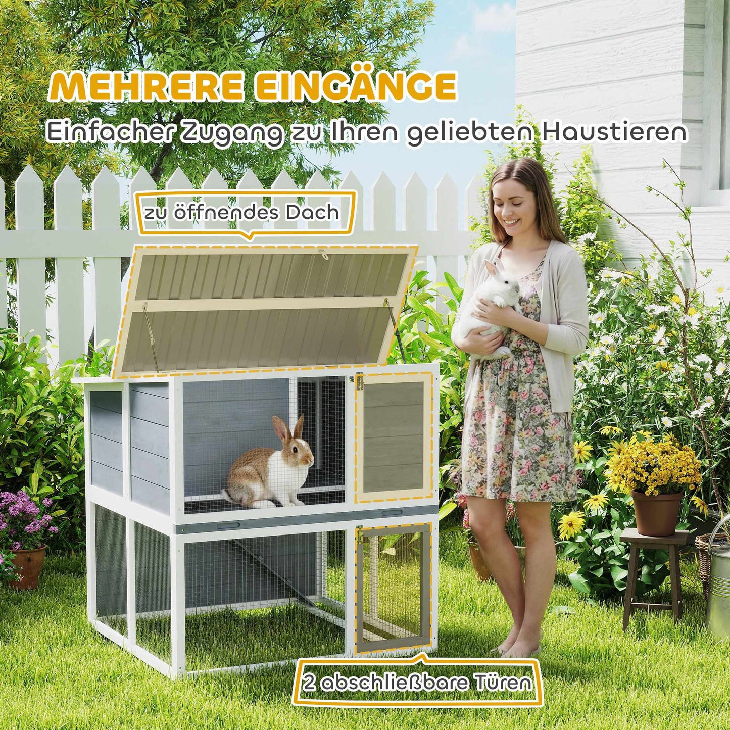Outdoor Rabbit Hutch, Two-Story, Weatherproof Roof