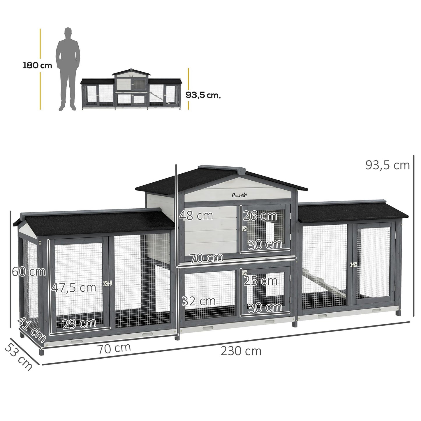 Outdoor Rabbit Hutch with Run, Ramp, Asphalt Roof, Wood