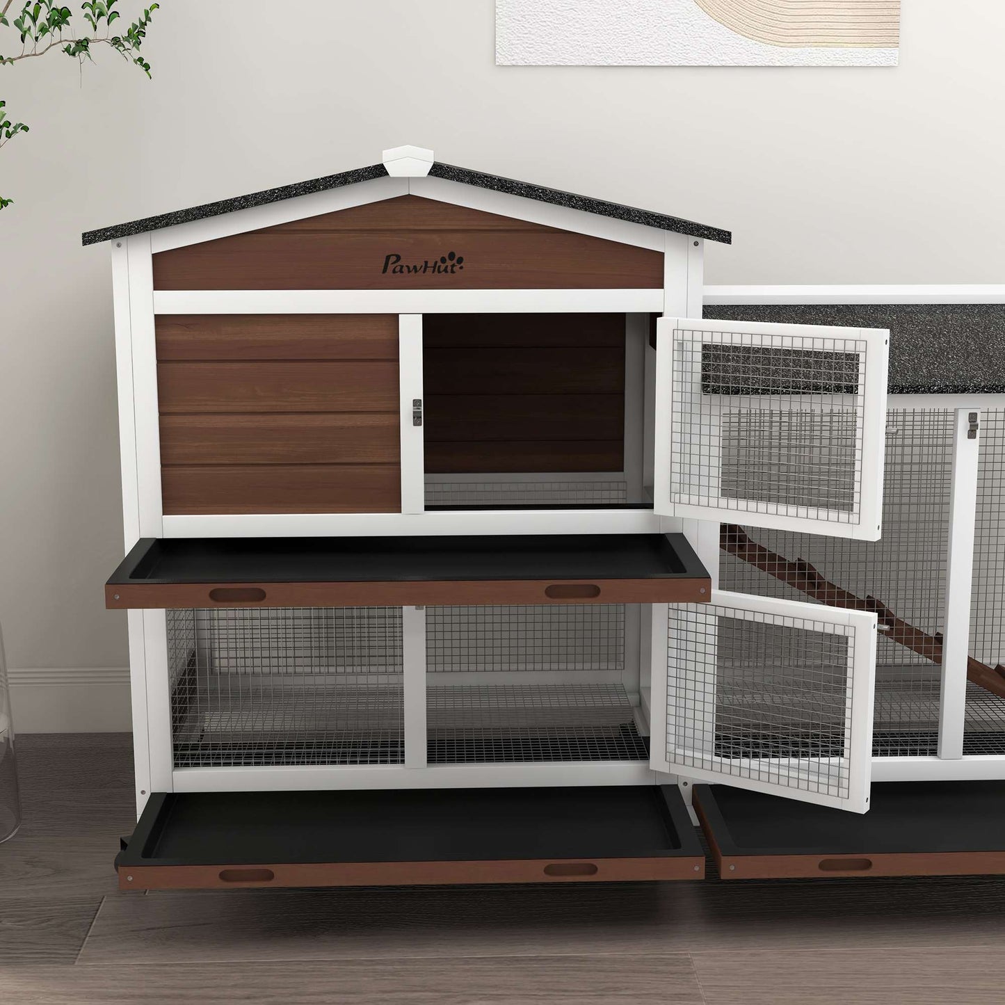 Outdoor Rabbit Hutch with Wheels, Wood and Steel, Brown