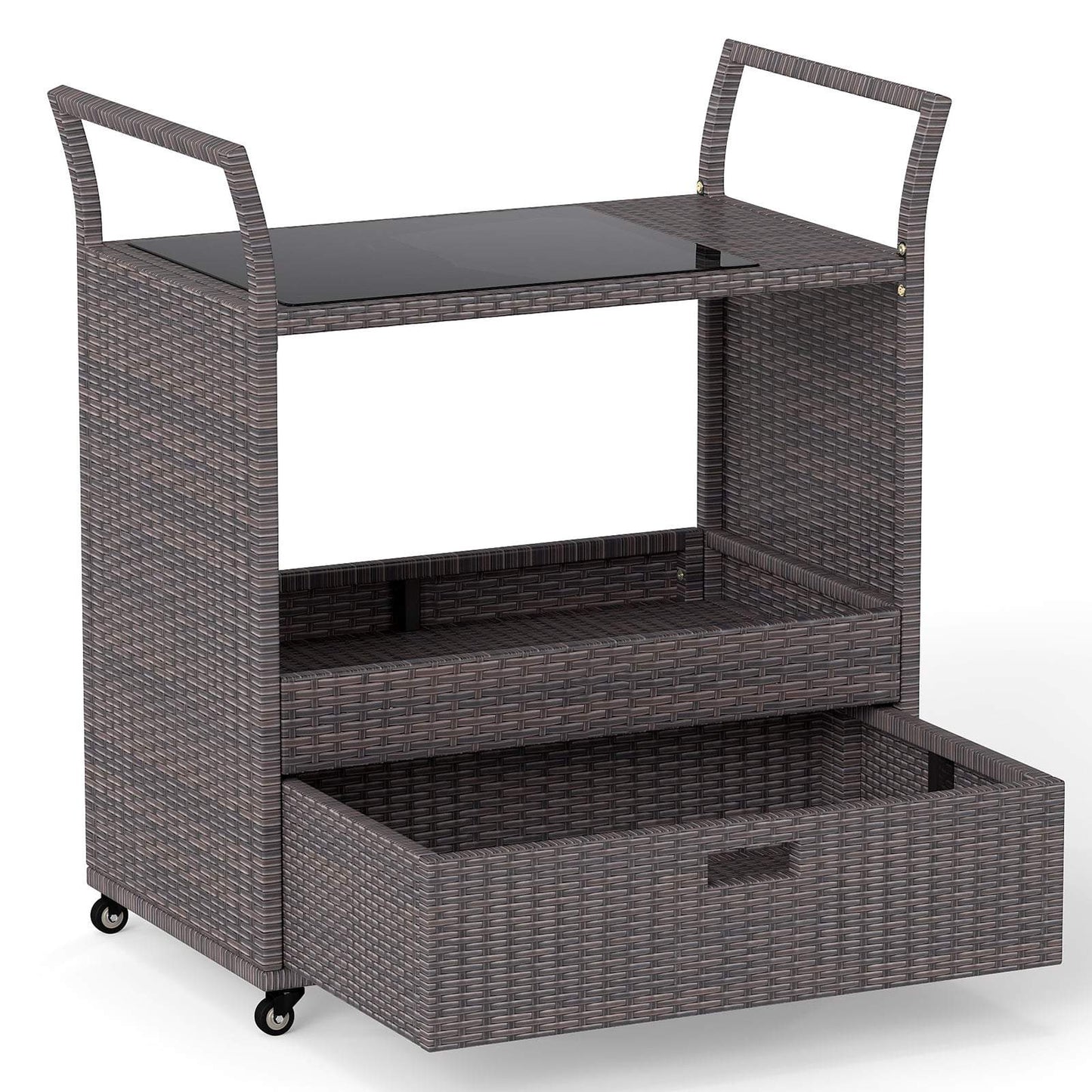 Outdoor Rattan Bar Cart with Glass Top and Storage
