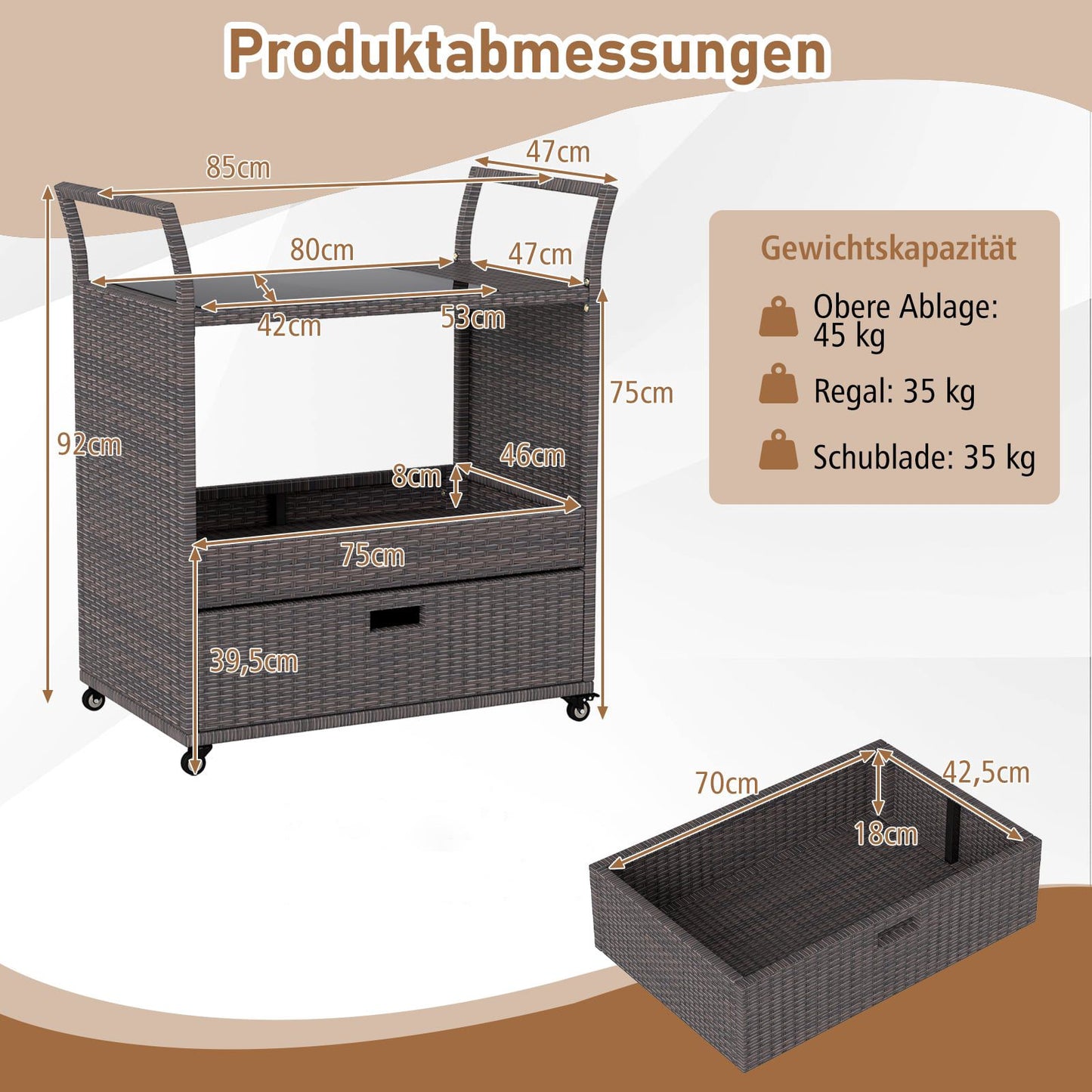 Outdoor Rattan Bar Cart with Glass Top and Storage