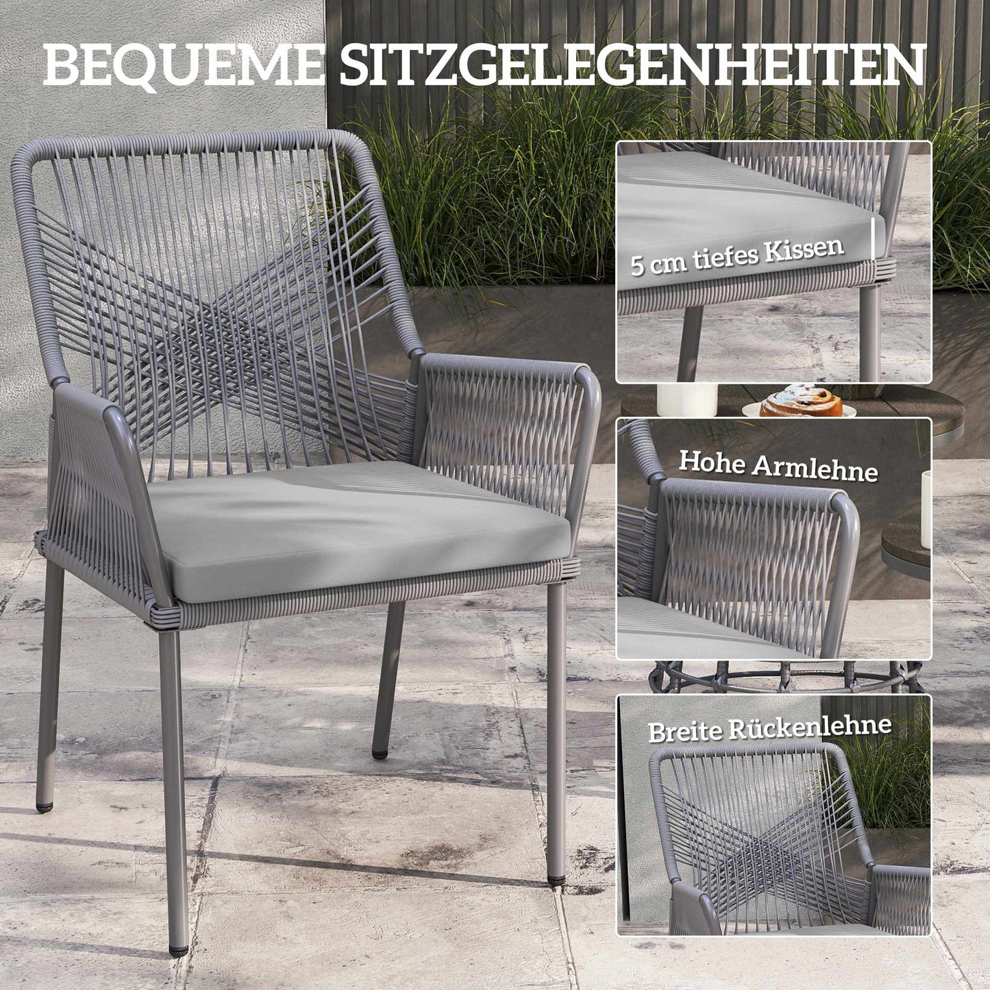 Outdoor Rattan Chairs Set of 2, Dark Grey, Washable Cushions