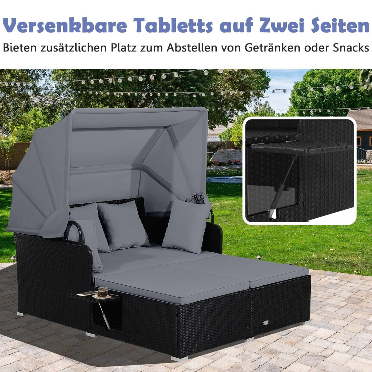 Outdoor Rattan Daybed for 2 with Canopy and Trays