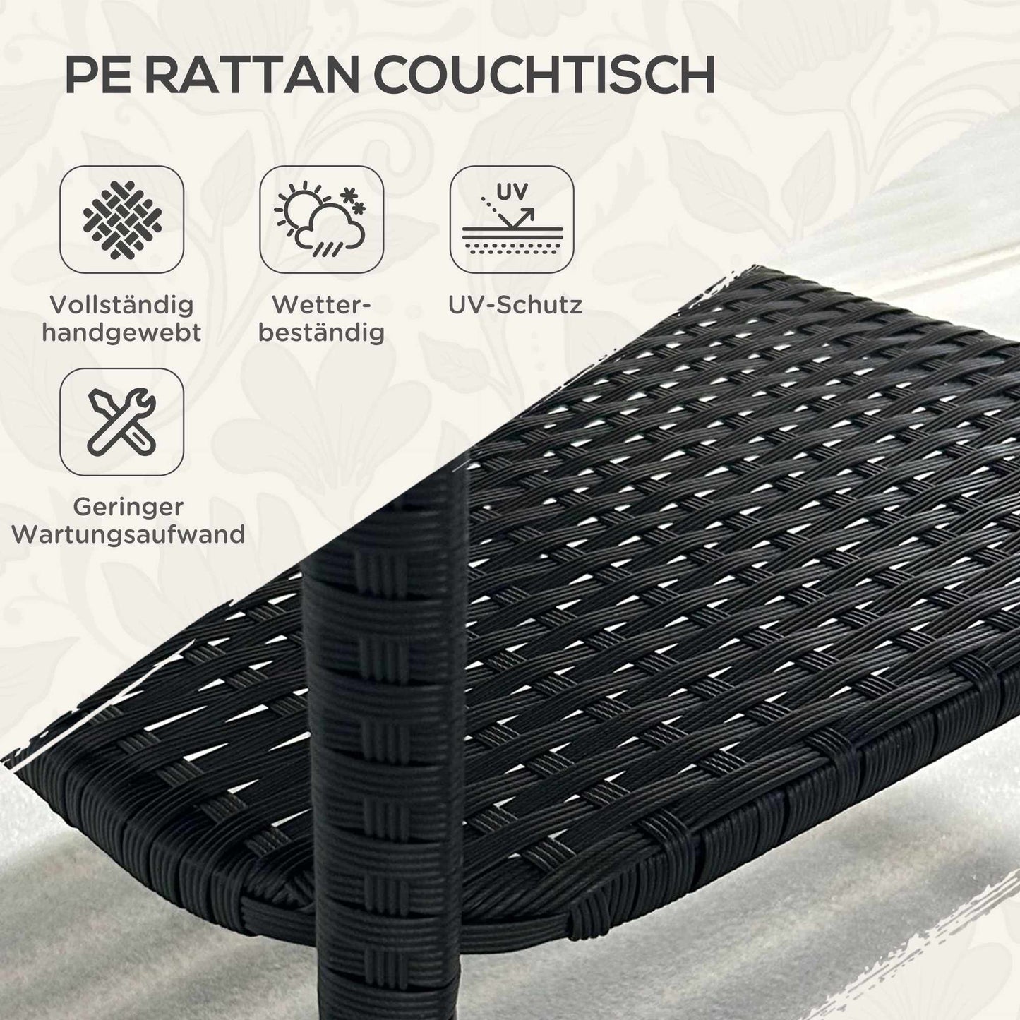 Outdoor Rattan Side Table, 50x50x45cm, Glass Top, 4 Seats