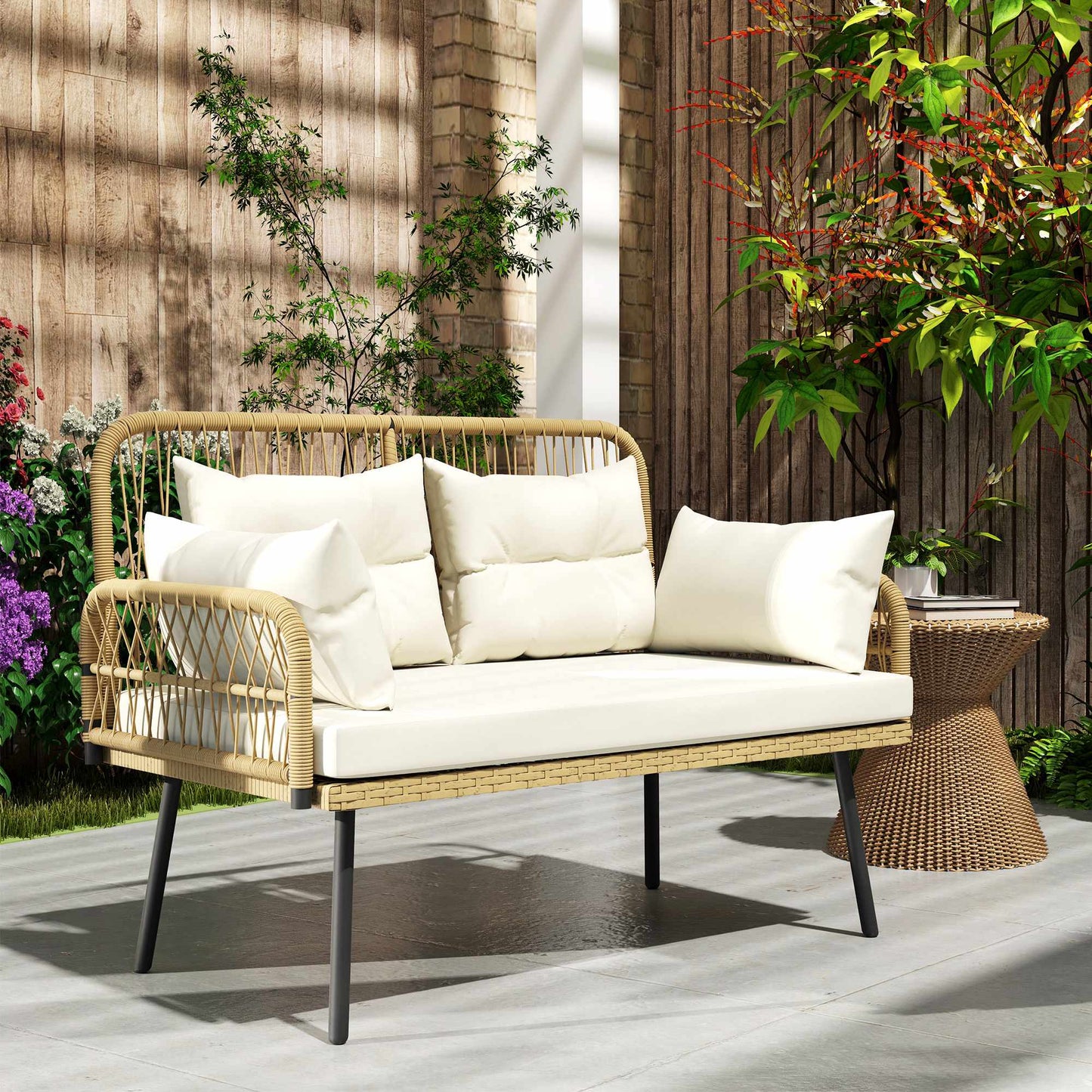 Outdoor Rattan Sofa with Cushions, 2-Seater, 115x61x82 cm