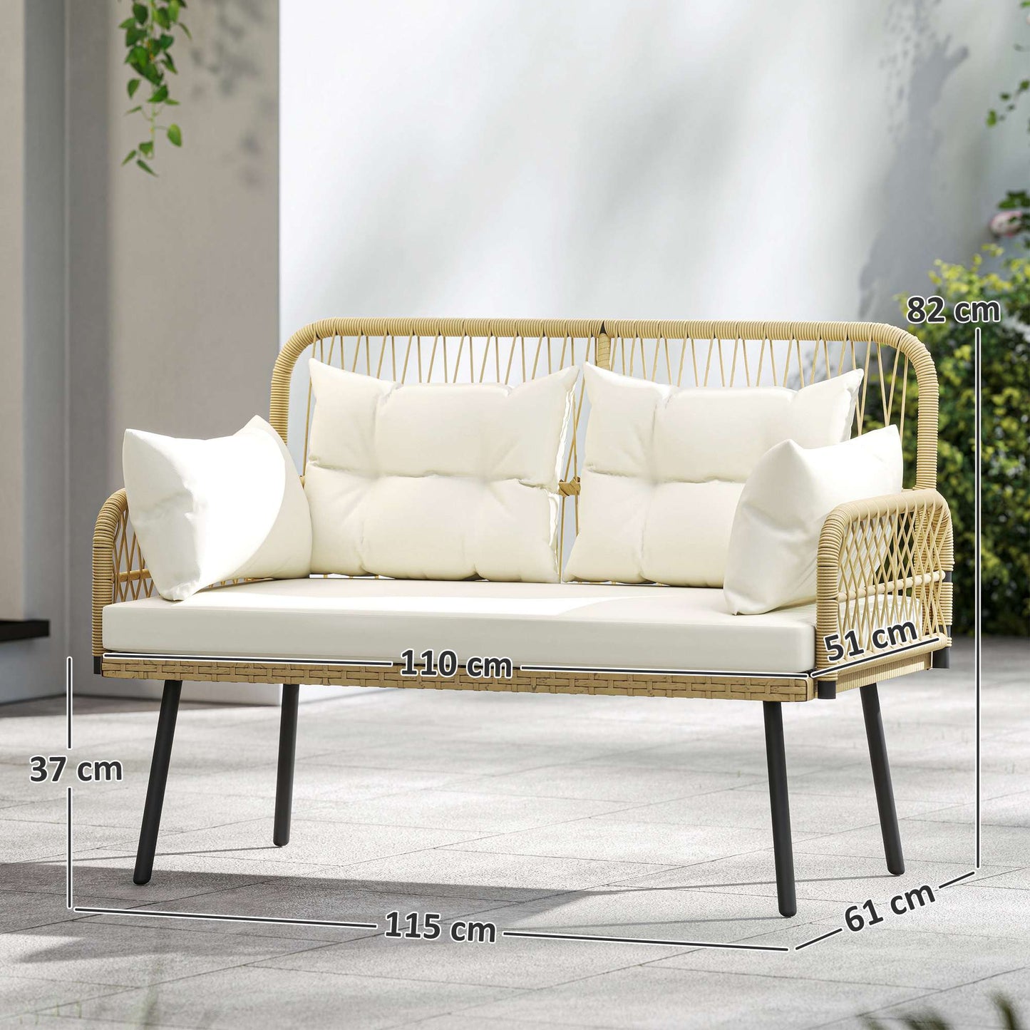 Outdoor Rattan Sofa with Cushions, 2-Seater, 115x61x82 cm