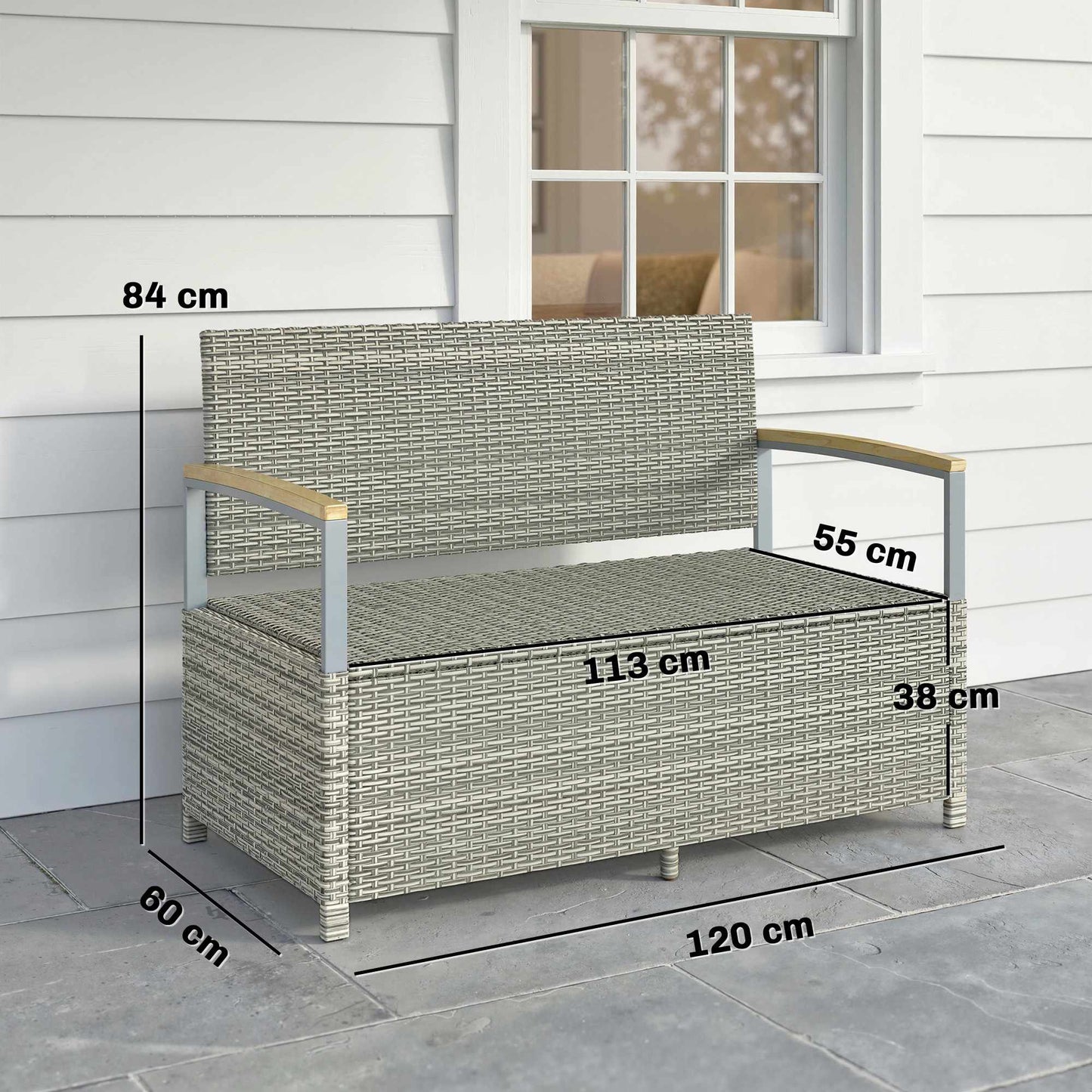 Outdoor Rattan Storage Bench, 2-Seater, 170L Capacity