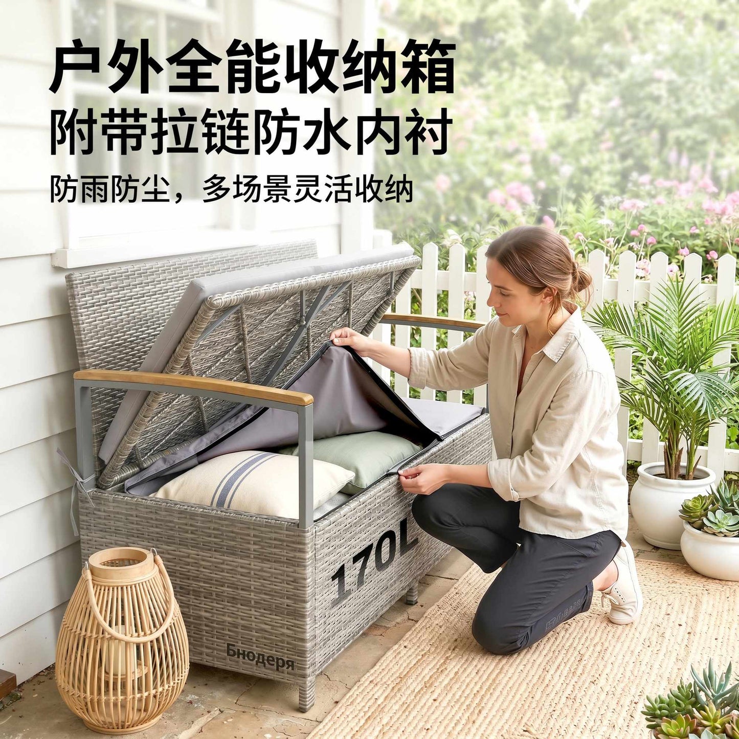Outdoor Rattan Storage Bench, 2-Seater, 170L Capacity