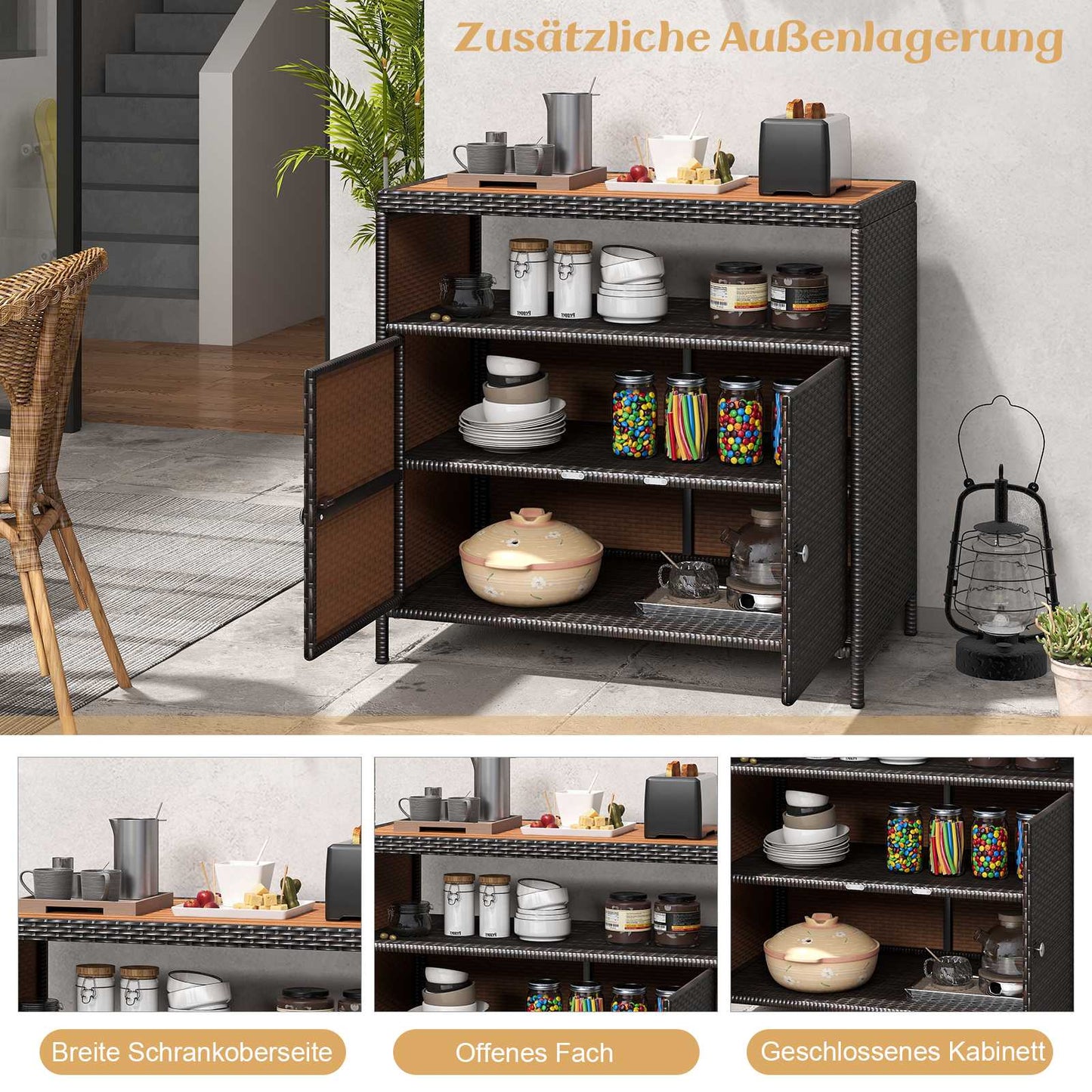 Outdoor Rattan Storage Cabinet with Acacia Wood Top