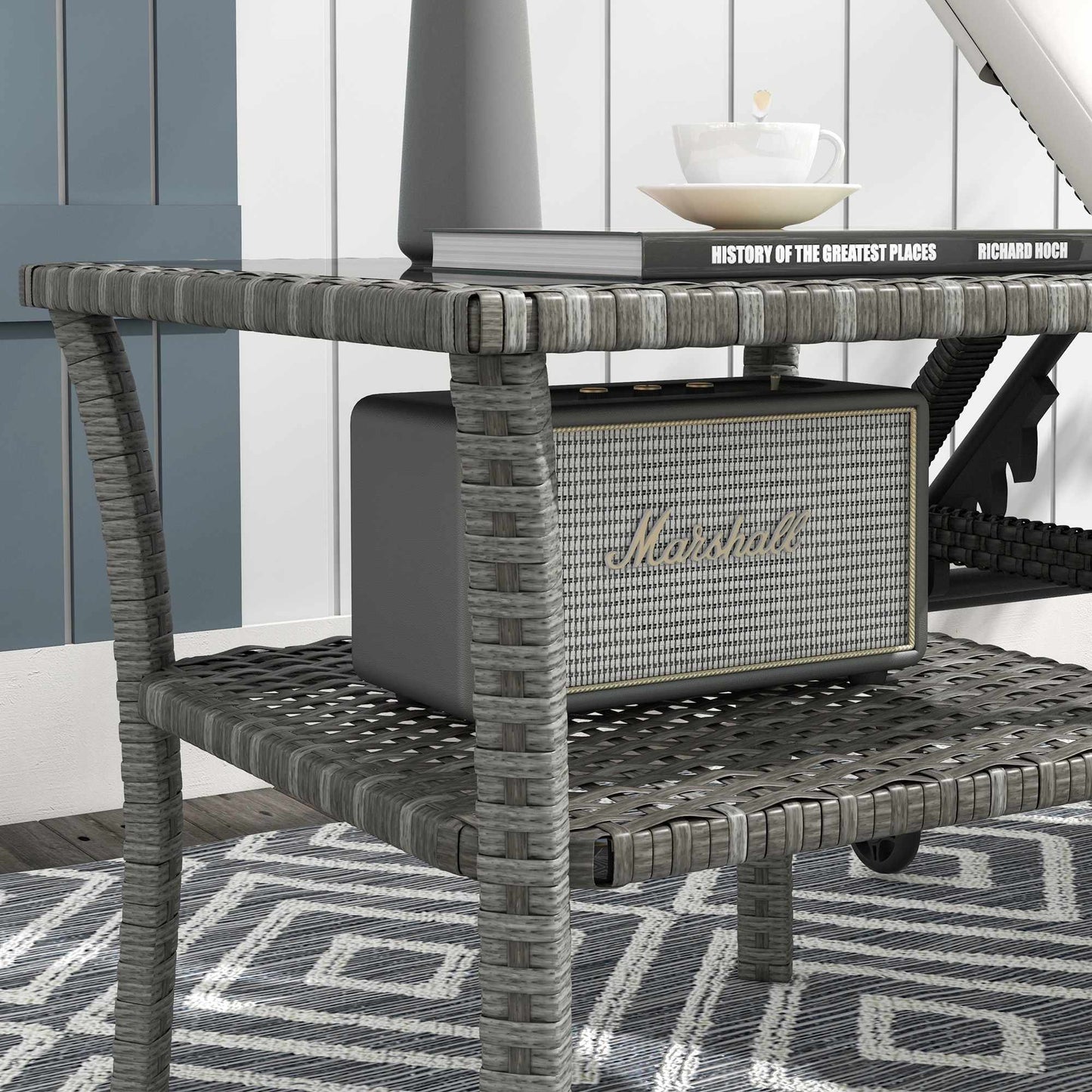 Outdoor Rattan Table, 50x50x45cm, Glass Top, Weatherproof