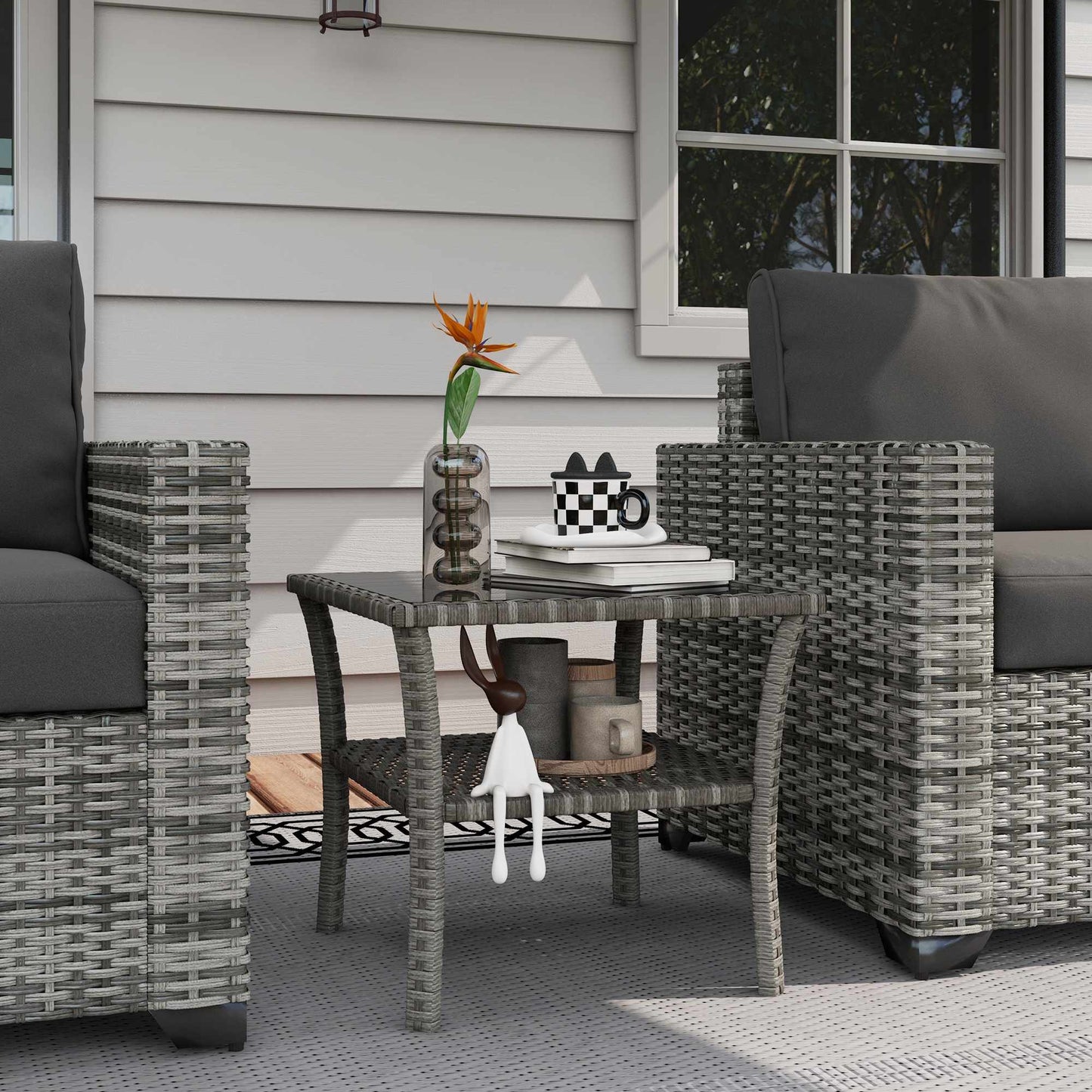 Outdoor Rattan Table, 50x50x45cm, Glass Top, Weatherproof